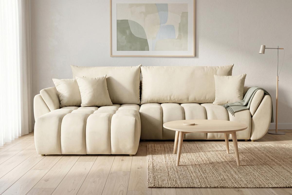 ECKSOFA Iris mit Schlaffunktion und Bettkasten, links oder rechts montierbar – Beige Samt 280/184/85 cm - Ecru/Beige, Kunststoff/Textil (280/184cm) - WFL GROUP