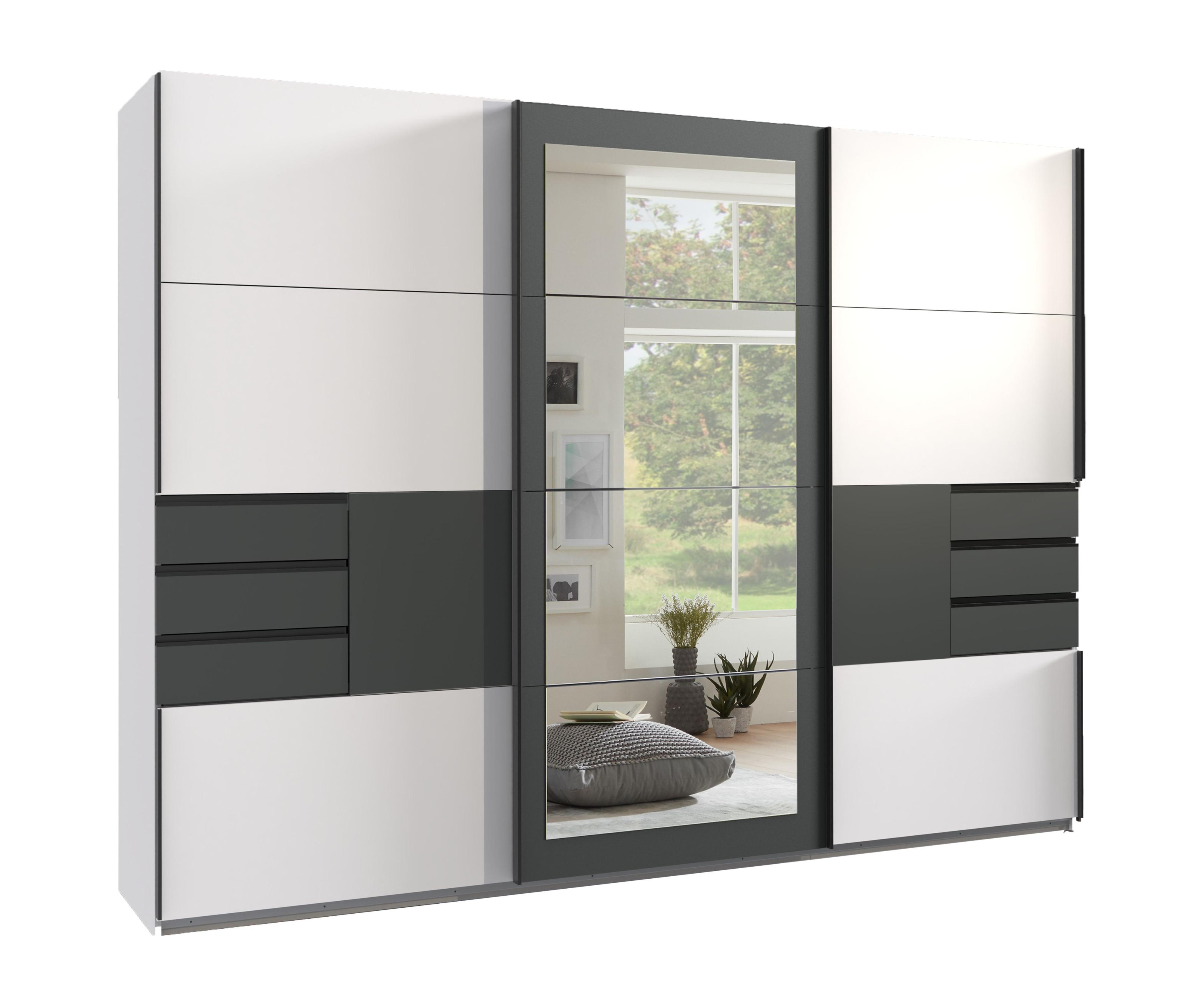 SCHWEBETÜRENSCHRANK 3-türig B270/H208/64 cm in Weiß mit Absetzungen in Grafit, Spiegel & Schubladen, Kleiderschrank inkl. Vollausstattung / 22502 - Blau/Graphitfarben, Holzwerkstoff/Metall (270/208/64cm) - luma-home