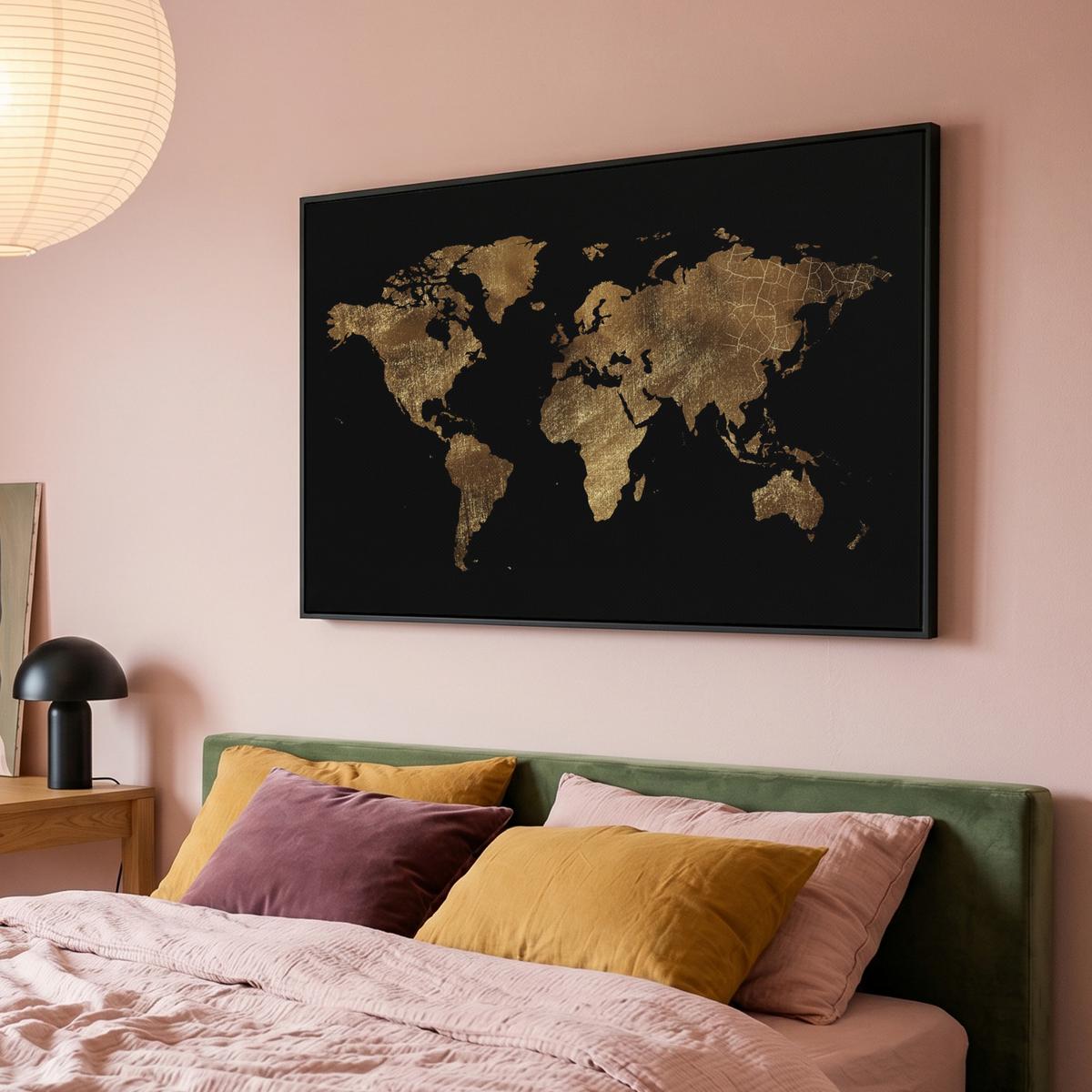 LEINWAND Bilder mit Rahmen - Weltkarte - Gold - Luxus - Erde - Schwarz - 120x80 - Goldfarben, Textil (120/80cm) - MuchoWow
