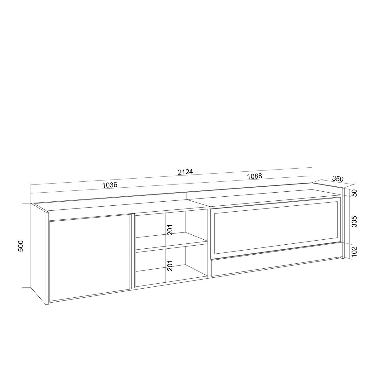 LOWBOARD, Weiß und Eiche, 212/35/50cm, Kamin mit Feuereffekt XXL - Weiß, Holzwerkstoff (212/50/35cm) - Skraut Home