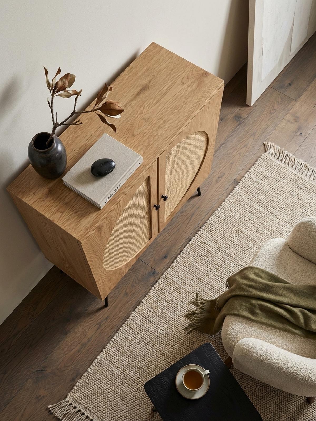 SIDEBOARD – Eiche-Dekor/Rattan, 80x103x39 cm, 2 Türen, hoch - Schwarz/Braun, Holzwerkstoff/Metall (80/103/39cm) - KADIMA DESIGN
