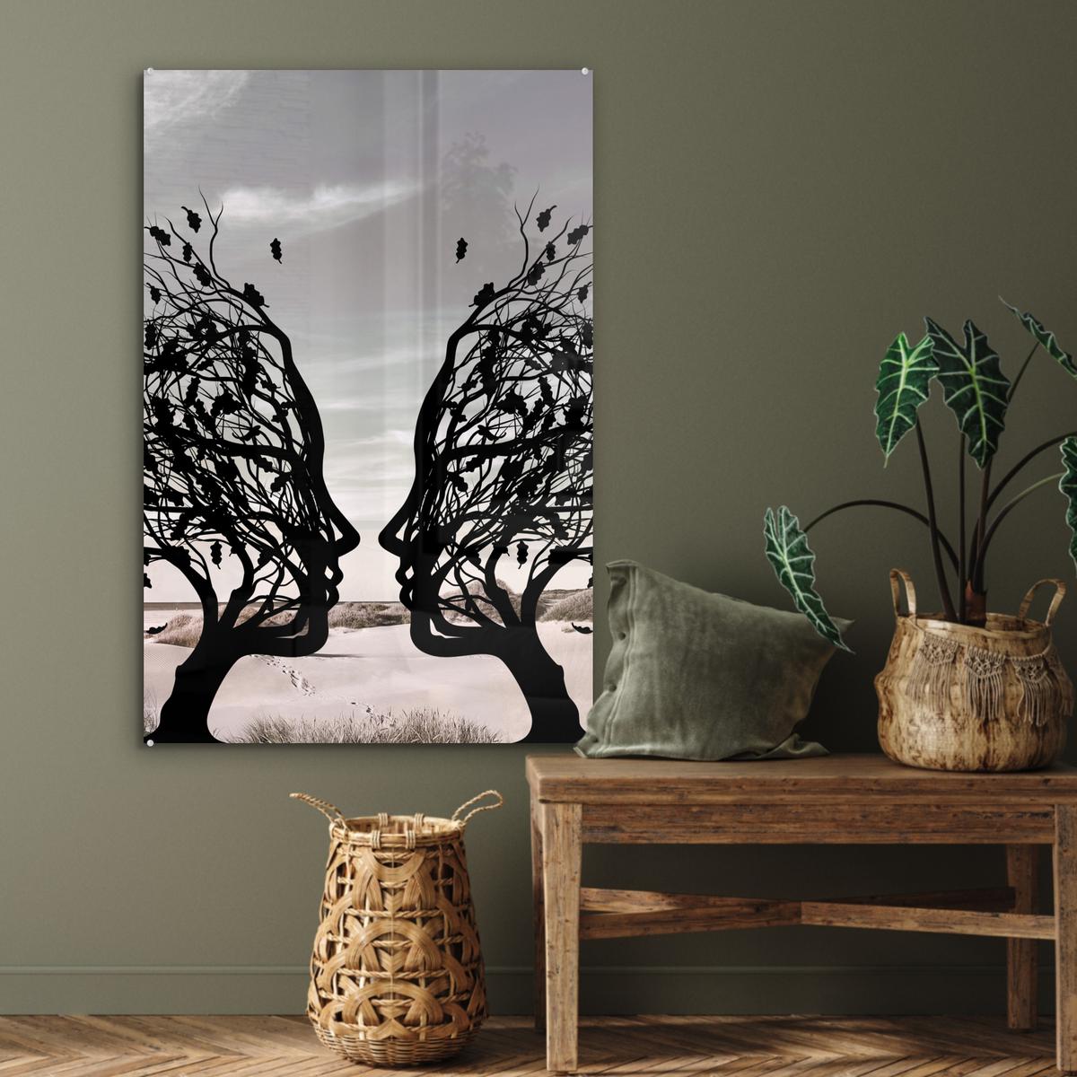 ACRYLGLASBILD Strand - Meer - Menschen - Baum - Moderne Kunst 80x120 cm - Hellgrau, Glas (80/120cm) - MuchoWow