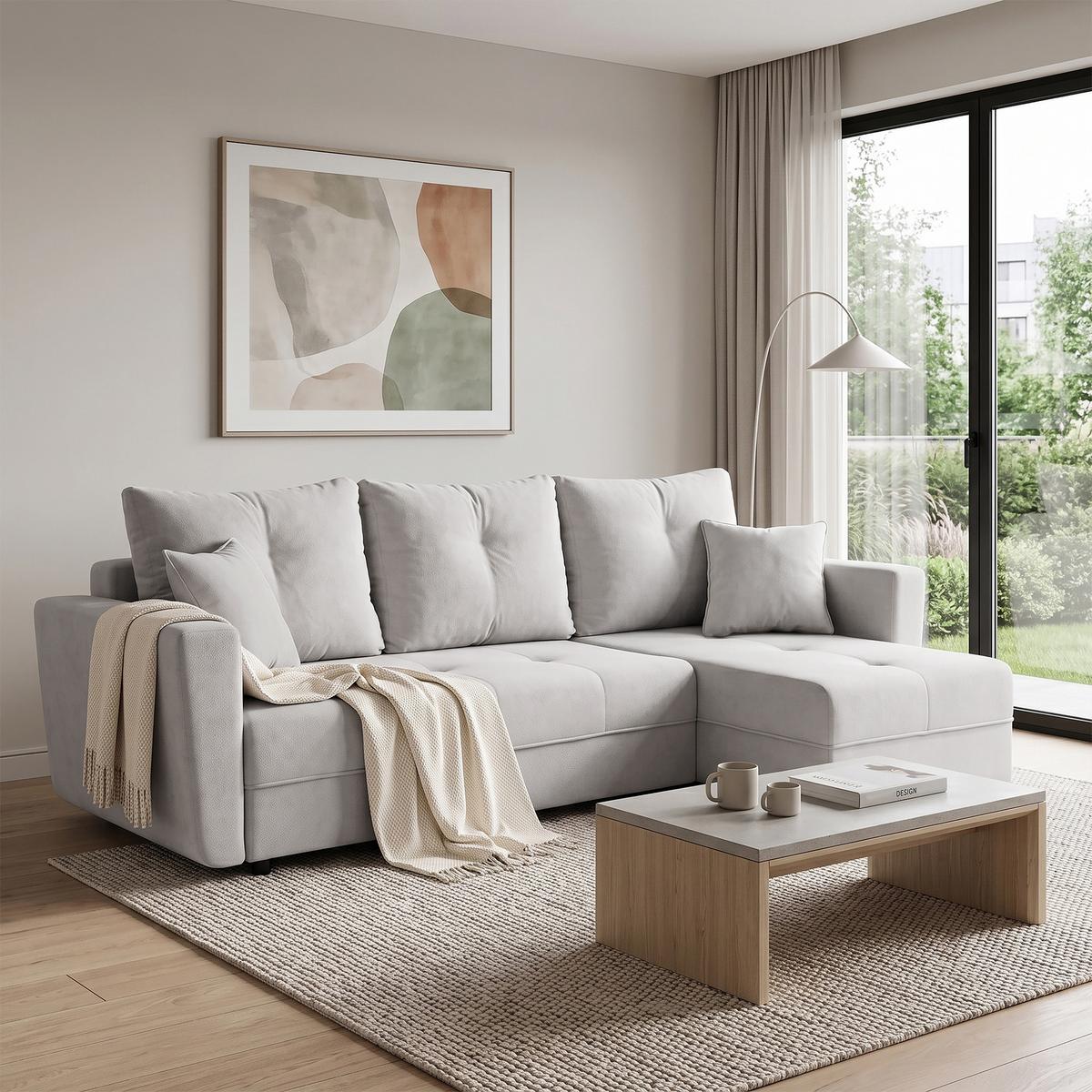 ECKSCHLAFSOFA Verona mit Bettkasten und universeller Ottomane 240 cm, Beige - Beige, Textil (240/148cm) - Beautysofa