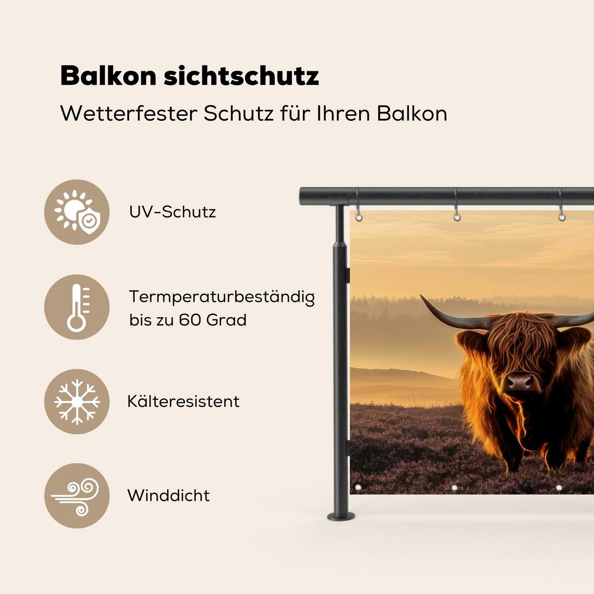 BALKON-SICHTSCHUTZ Schottische Hochlandbewohner - Heide - Landschaft - Tiere Witterungsbeständig 200x90 cm - Cognac, Kunststoff (200/90cm) - MuchoWow