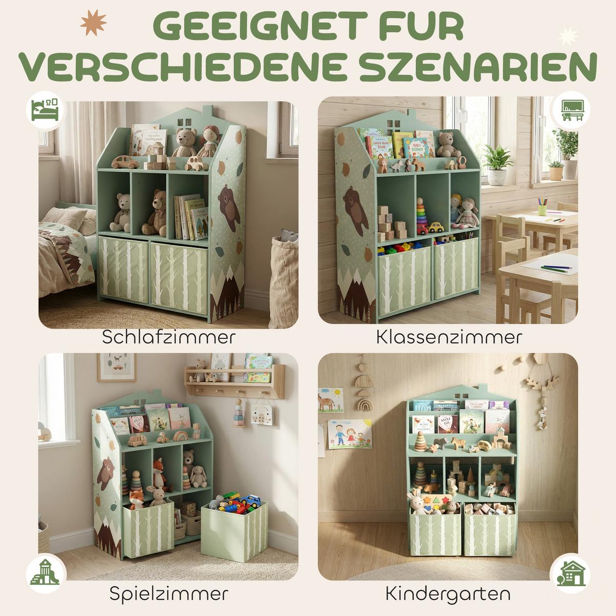 KINDER-BÜCHERREGAL MDF Vliesstoff Grün - Grün, Holzwerkstoff (30/91.5/62.5cm) - AIYAPLAY