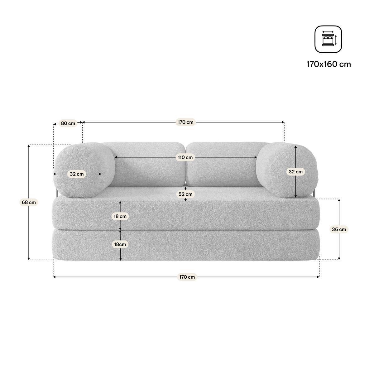 BETTSOFA EIREN aus Schaumstoff Bucle-Stoff Hellgrau Schlaffunktion - Hellgrau, Textil (170/68/80cm) - MASSENO