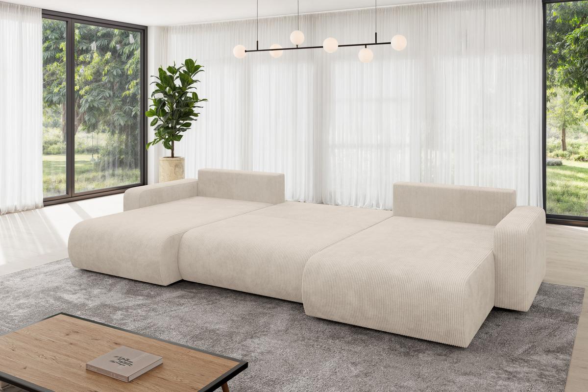 WOHNLANDSCHAFT mit Schlaffunktion und Bettkasten BERY-U 377x193x88 Beige Cord - Beige/Schwarz, Holzwerkstoff/Kunststoff (377/88/193cm) - ALTDECOR