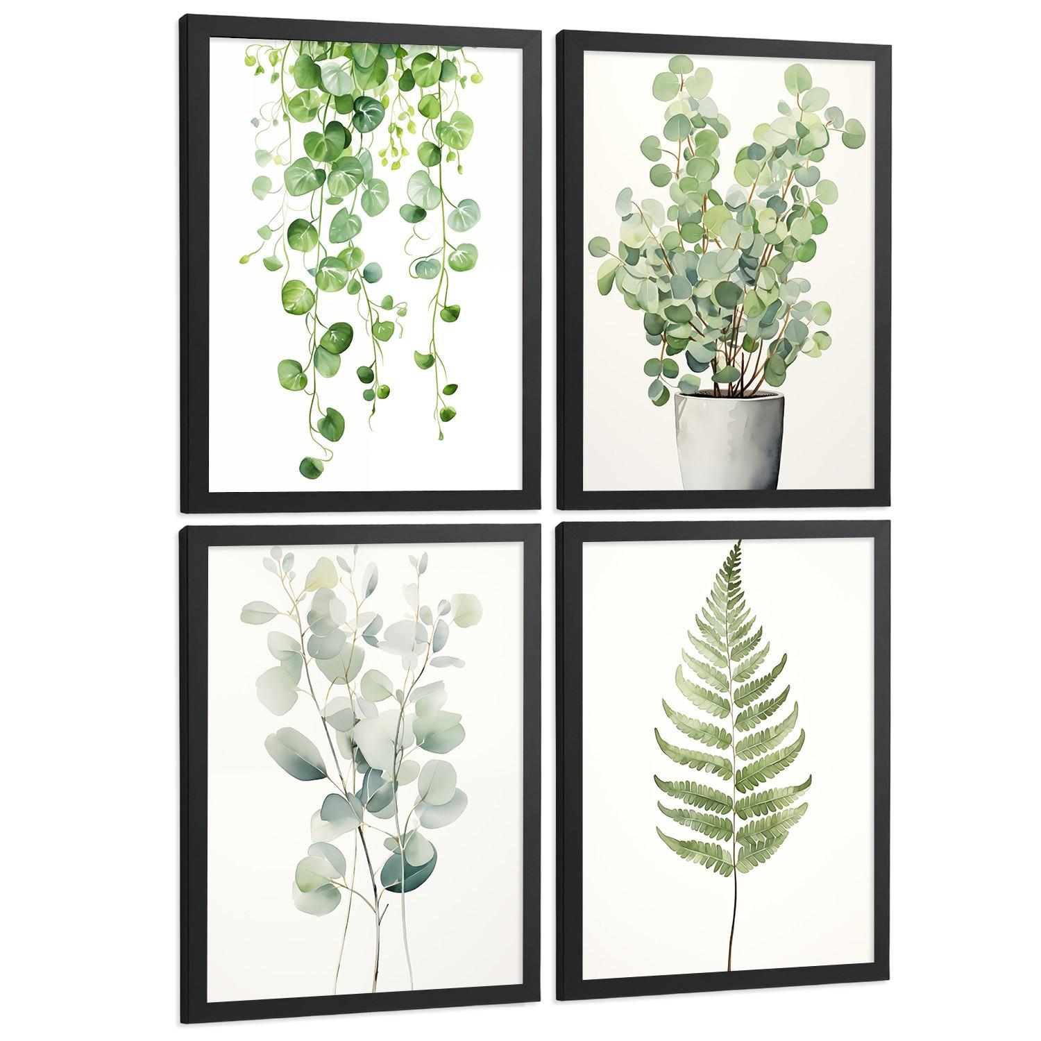 POSTER 4er Bilder-Set Wandbilder Boho Botanisch modern Wohnzimmer Deko, Schlafzimmer, Küche, Badezimmer Schwarzer Rahmen A4 - Schwarz, Papier (29.7/1/21cm) - Nacnic