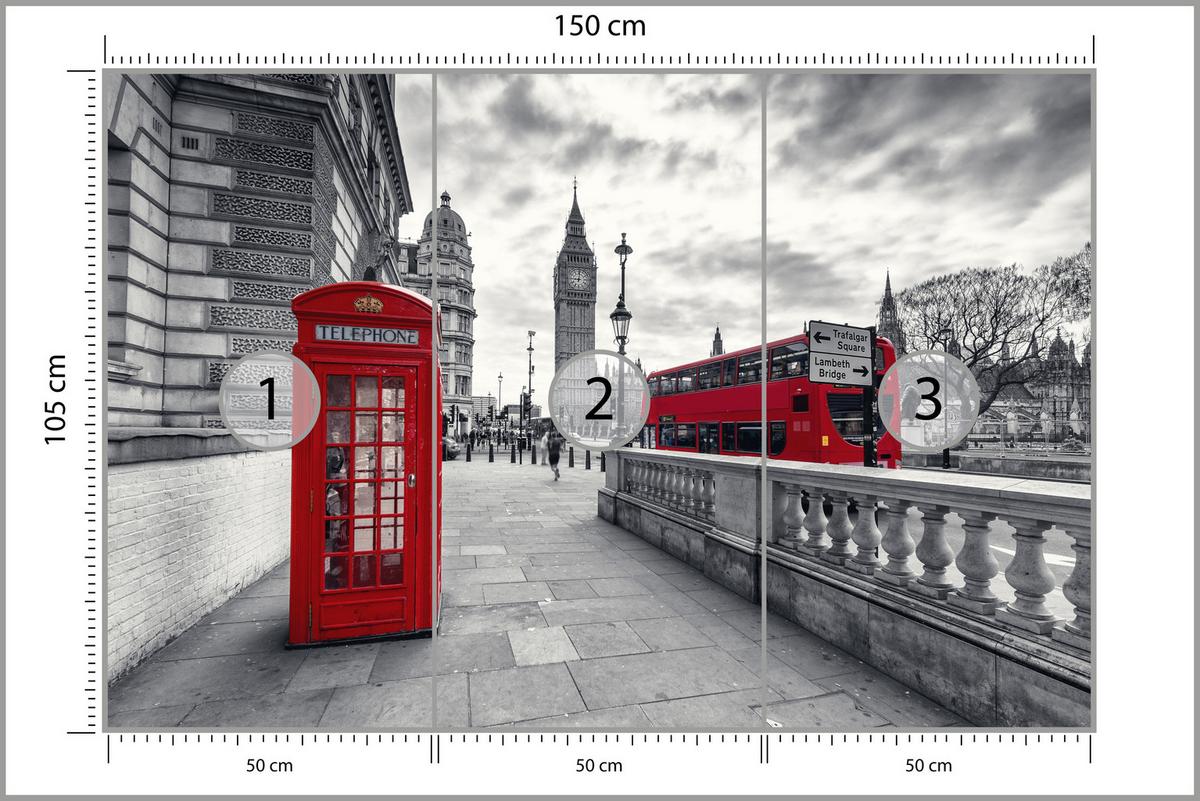 FOTOTAPETE für Wohnzimmer Rote Telefonzelle London Monument BIG BEN Bus 150x105 - Rot/Weiß, Papier (150/105cm) - Muralo
