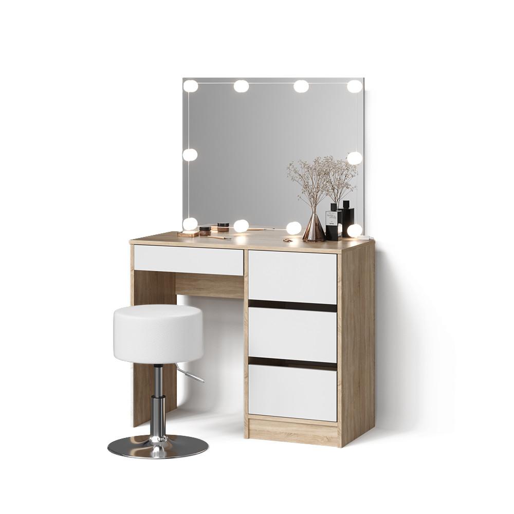 SCHMINKTISCH Imola Sonoma mit LED Beleuchtung und Hocker - Sonoma Eiche, Holzwerkstoff (90/75/40cm) - Livinity®