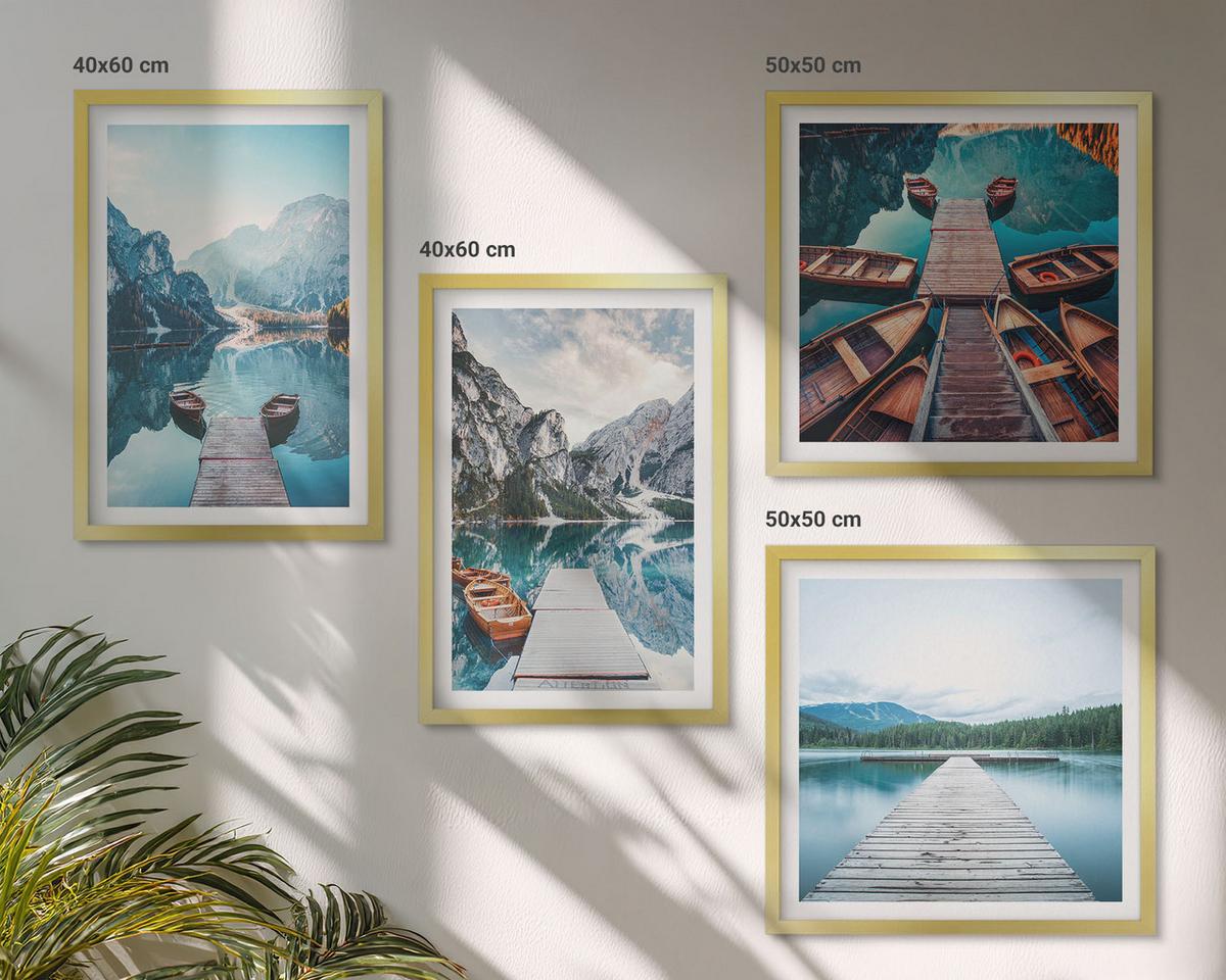 BILDER SET 4er Set - 50x50 cm & 40x60 cm Goldrahmen - Holzstege am See, Boote - Goldfarben, Kunststoff (50/50cm) - TULUP