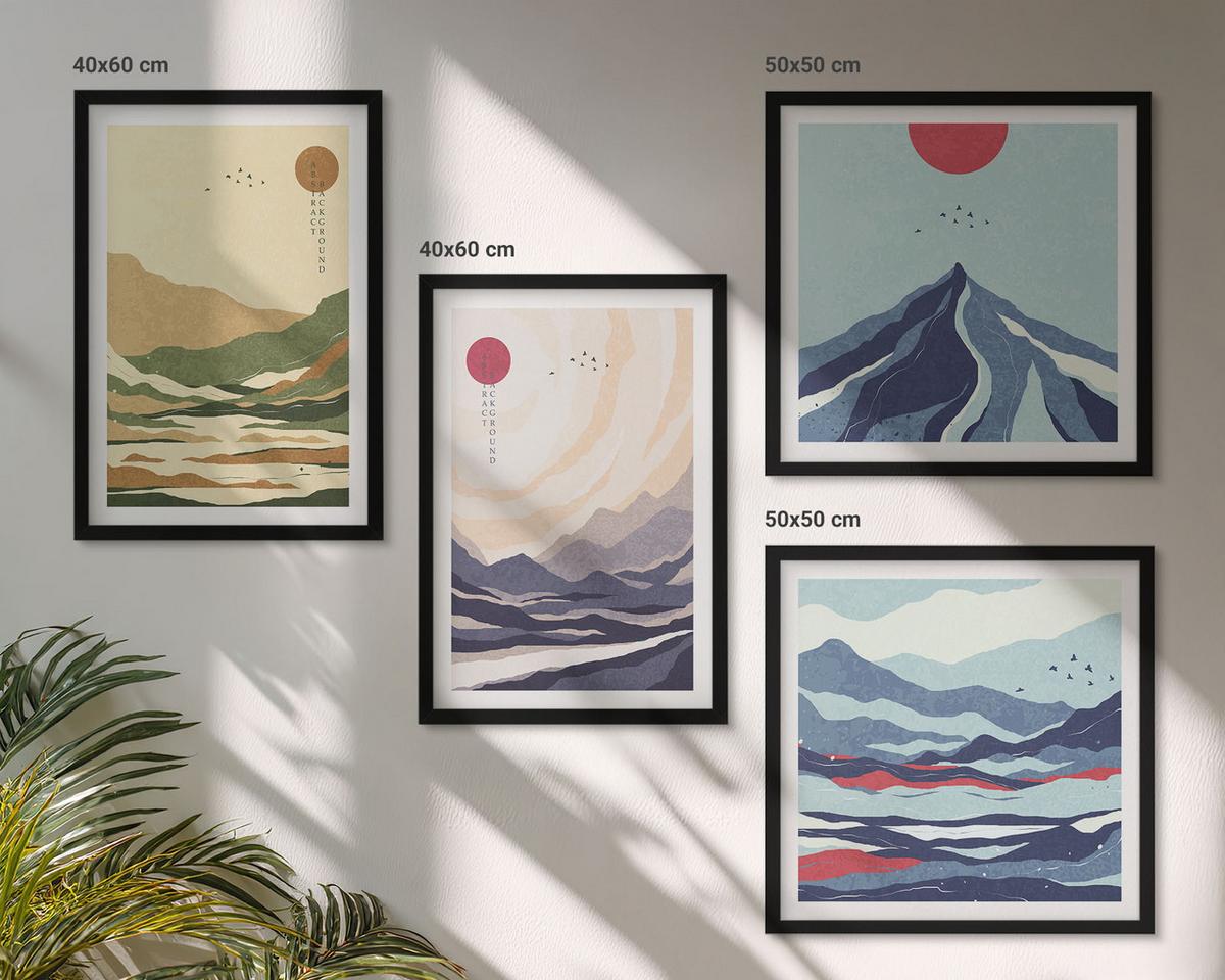 BILDER SET 4er Set - 50x50 cm & 40x60 cm Schwarzer Rahmen - Pastellfarbene Berge im Japandi-Stil - Schwarz, Kunststoff (50/50cm) - TULUP