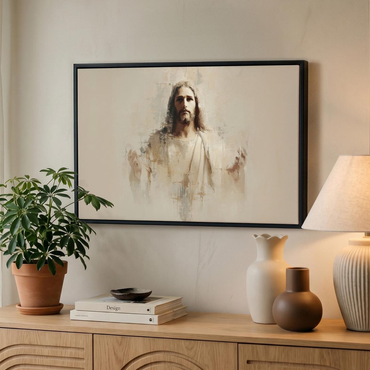 LEINWAND Bilder mit Rahmen - Porträt - Abstrakt - Jesus - Beige - 60x40 - Beige, Textil (60/40cm) - MuchoWow