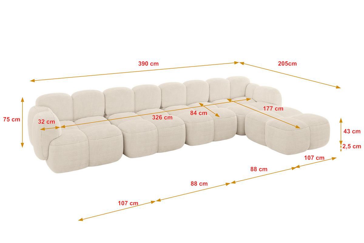 ECKSOFA modulares Sofa Rechts Miko-L3 390x205x75 Beige Cord - Beige/Schwarz, Holzwerkstoff/Kunststoff (390/205cm) - ALTDECOR