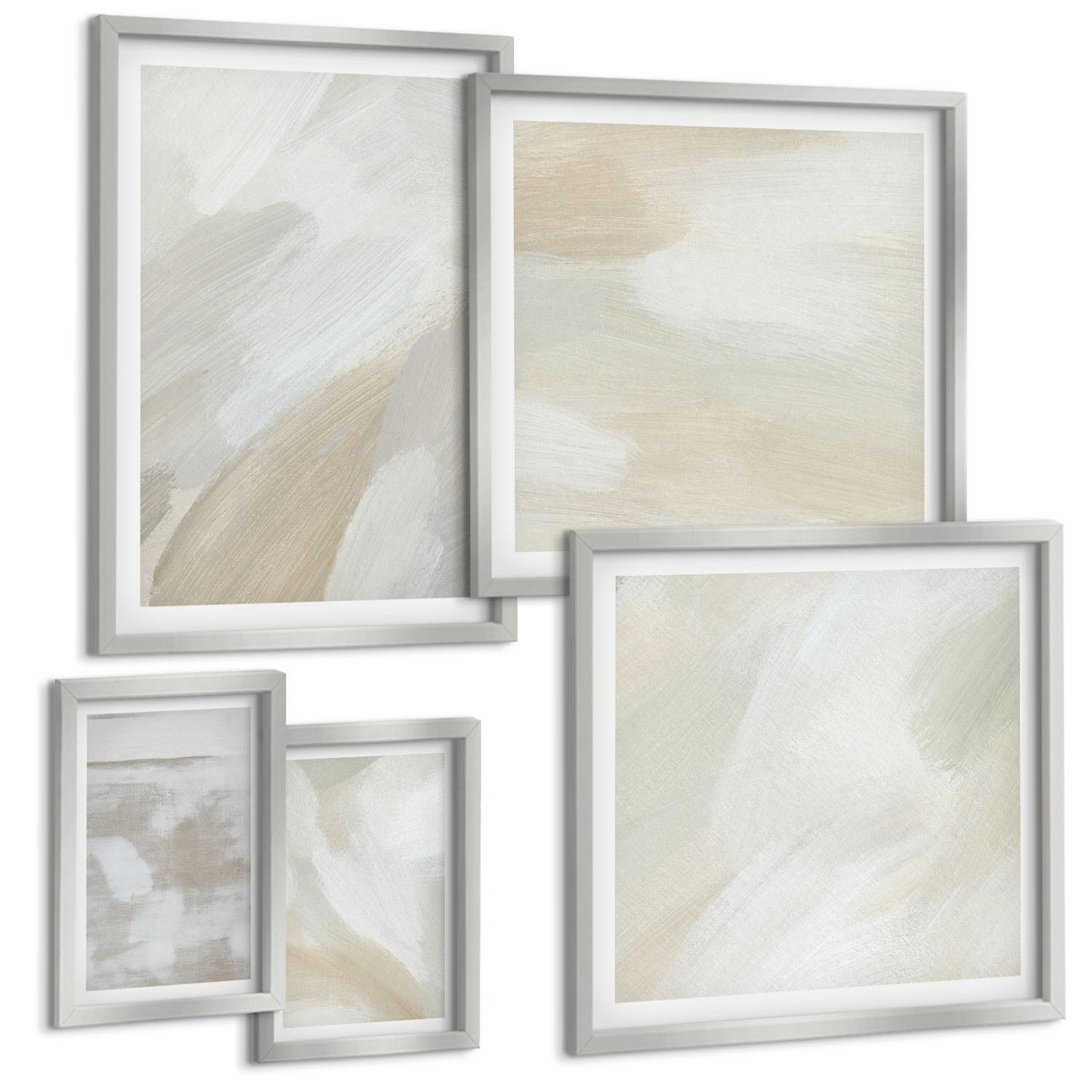 BILDER SET 5er Set - 50x50 cm & 20x30 cm & 40x60 cm Silberner Rahmen - Abstrakte Pinselmalerei auf Leinwand - Silberfarben, Kunststoff (40/60cm) - TULUP