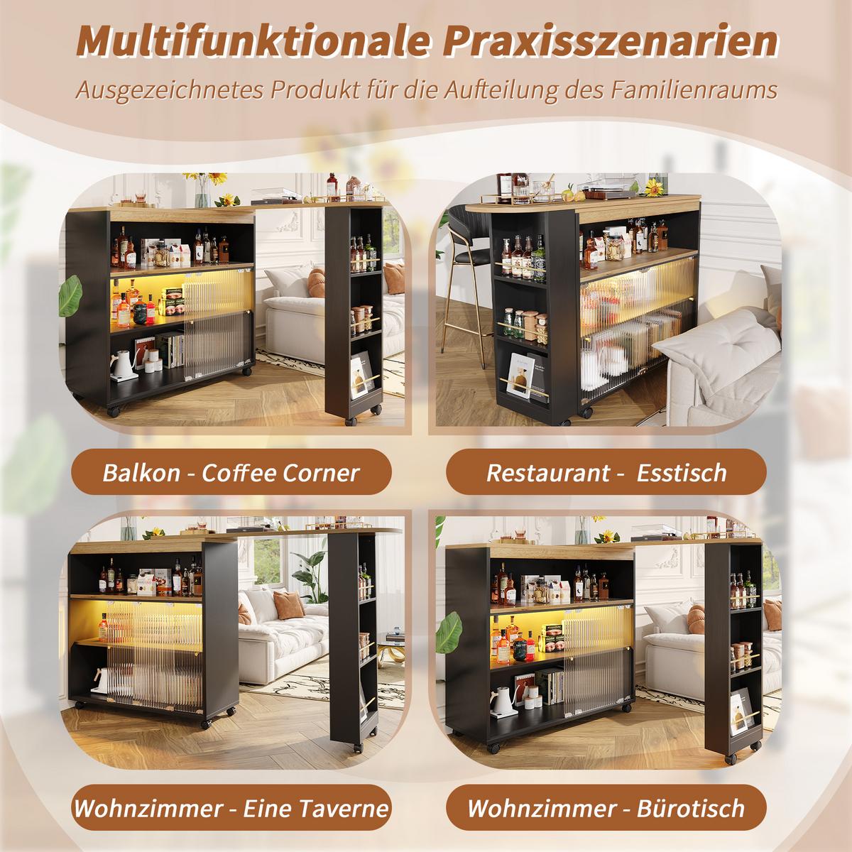 BARTISCH ausziehbar mit led & rollen - Schwarz, Holzwerkstoff (39/138/105cm) - Urban Meuble