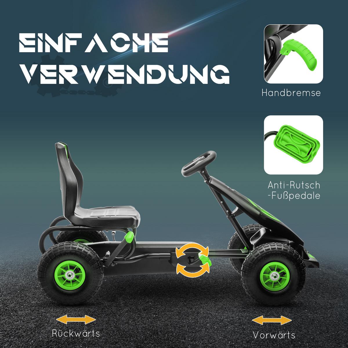 GOKART, Kinderfahrzeug mit verstellbarem Schalensitz, Tretauto, Grün+Schwarz - Grün, Metall (121/58/61cm) - HOMCOM