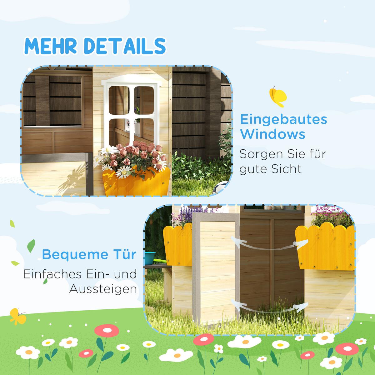 SPIELHAUS für Kinder Holz Kinderspielhaus mit Fenster Briefkasten Holzspielhaus - Naturfarben, Holz (94/134.5/113cm) - Outsunny