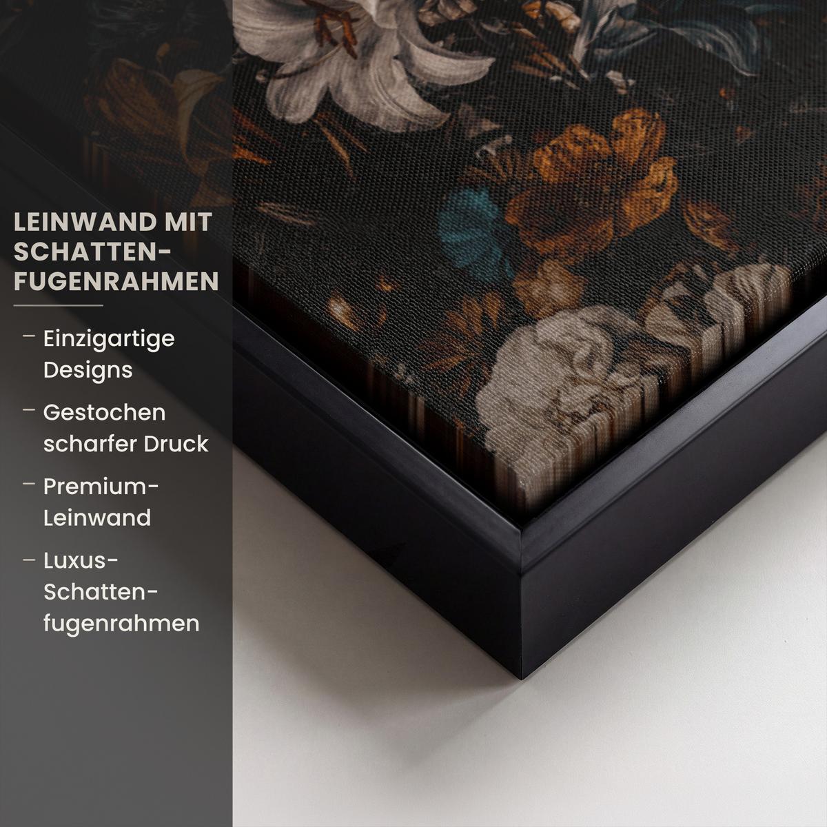 LEINWAND Bilder mit Rahmen - Frau - Luxus - Blumen - Schmetterling - Porträt - 80x60 - Schwarz, Textil (80/60cm) - MuchoWow