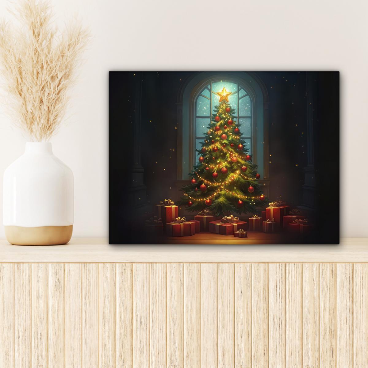 LEINWANDBILD Weihnachtsbaum - Geschenk - Winter Wandbild 40x30 cm - Grün, Textil (40/30cm) - MuchoWow