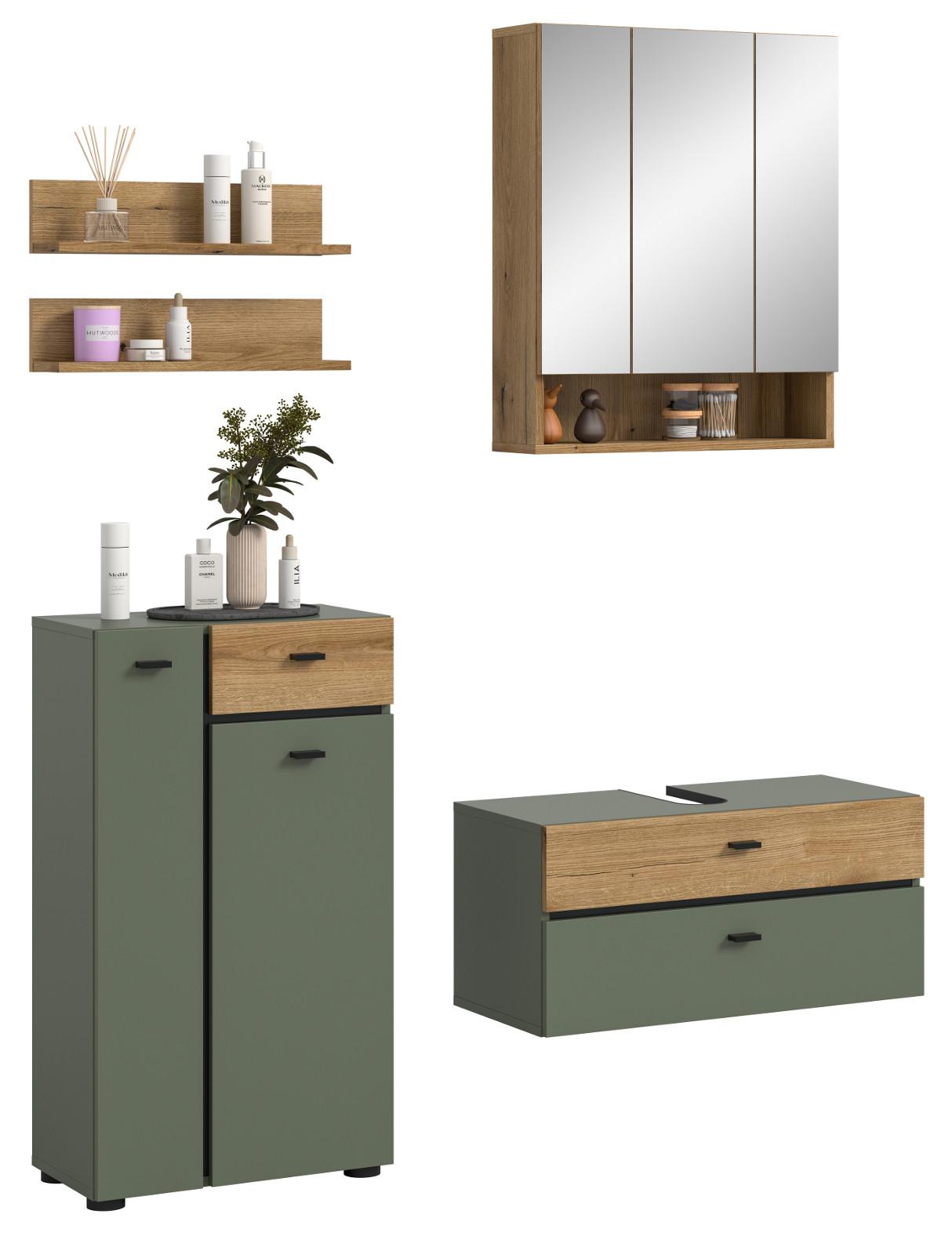 BADMÖBEL-SET grün, Evoke Eiche 5-teilig 141 cm, Komplettset in modernem Design - Eichefarben/Schwarz, Glas/Holzwerkstoff (141/191/35cm) - Inn.Furn