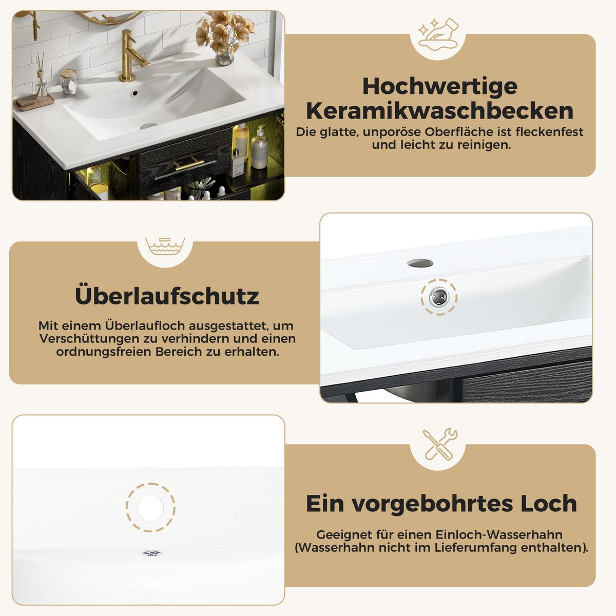 WASCHTISCHUNTERSCHRANK Wandhängend Schwarz mit LED, geriffeltem Glas & Schubladen - Schwarz, Holzwerkstoff (76/55/46cm) - Urban Meuble