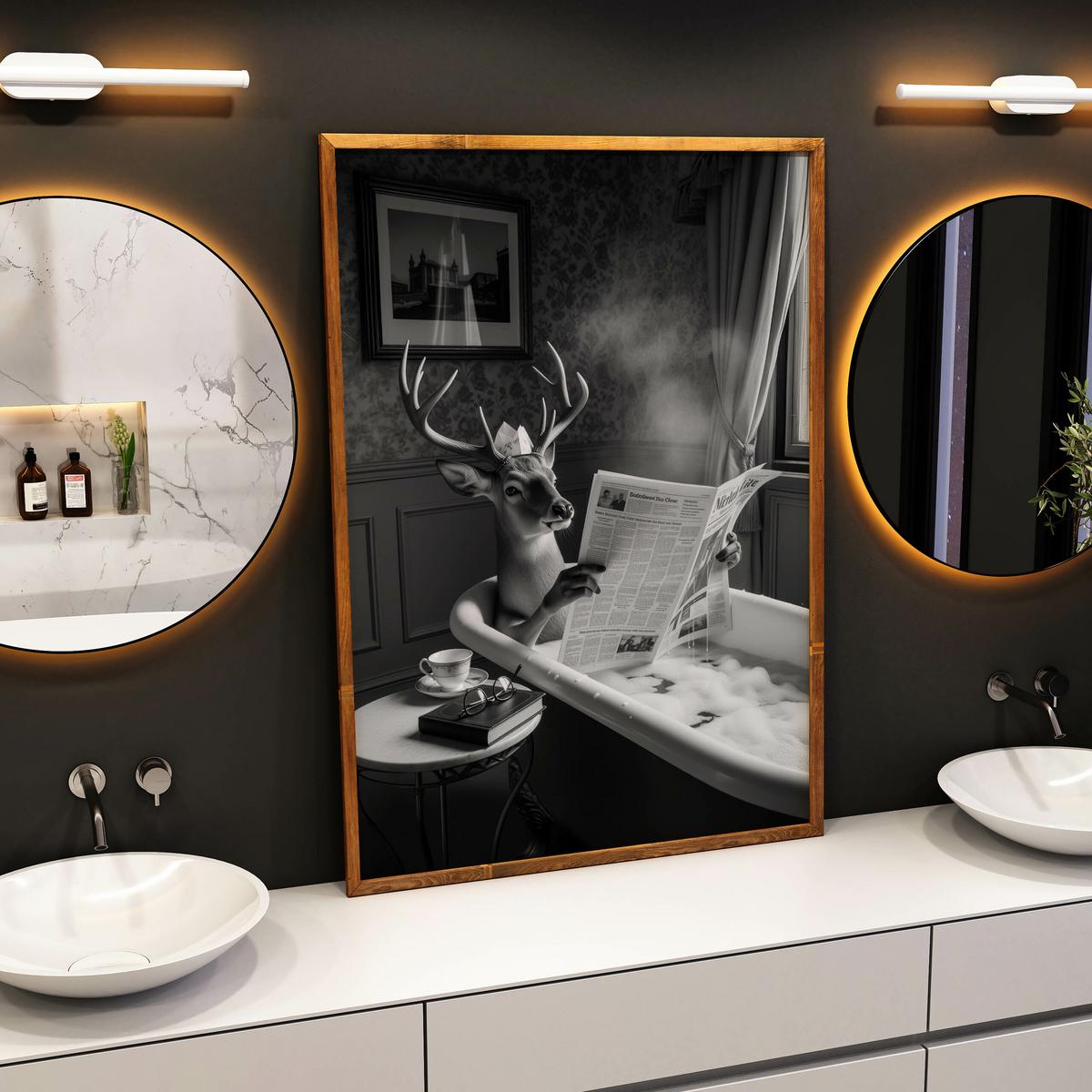 POSTER für Badezimmer WC Rehe HIRSCH in Badewanne Zeitung Abstraktion 20x30cm - Schwarz/Weiß, Papier (20/30/1cm) - Muralo