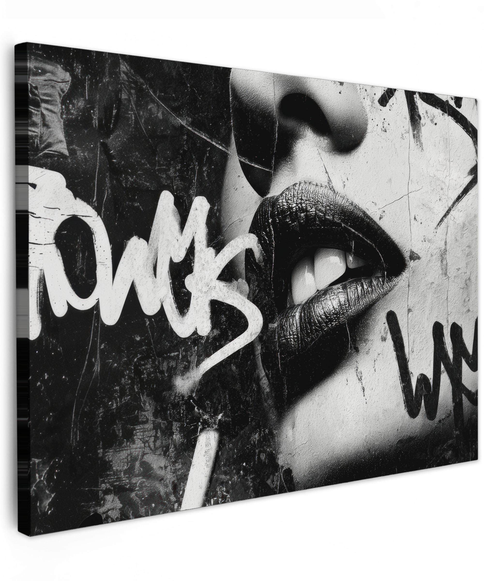 LEINWANDBILD Gesicht - Mund - Graffiti - Schwarz Wandbilder 80x60 cm - Schwarz, Textil (80/60cm) - MuchoWow