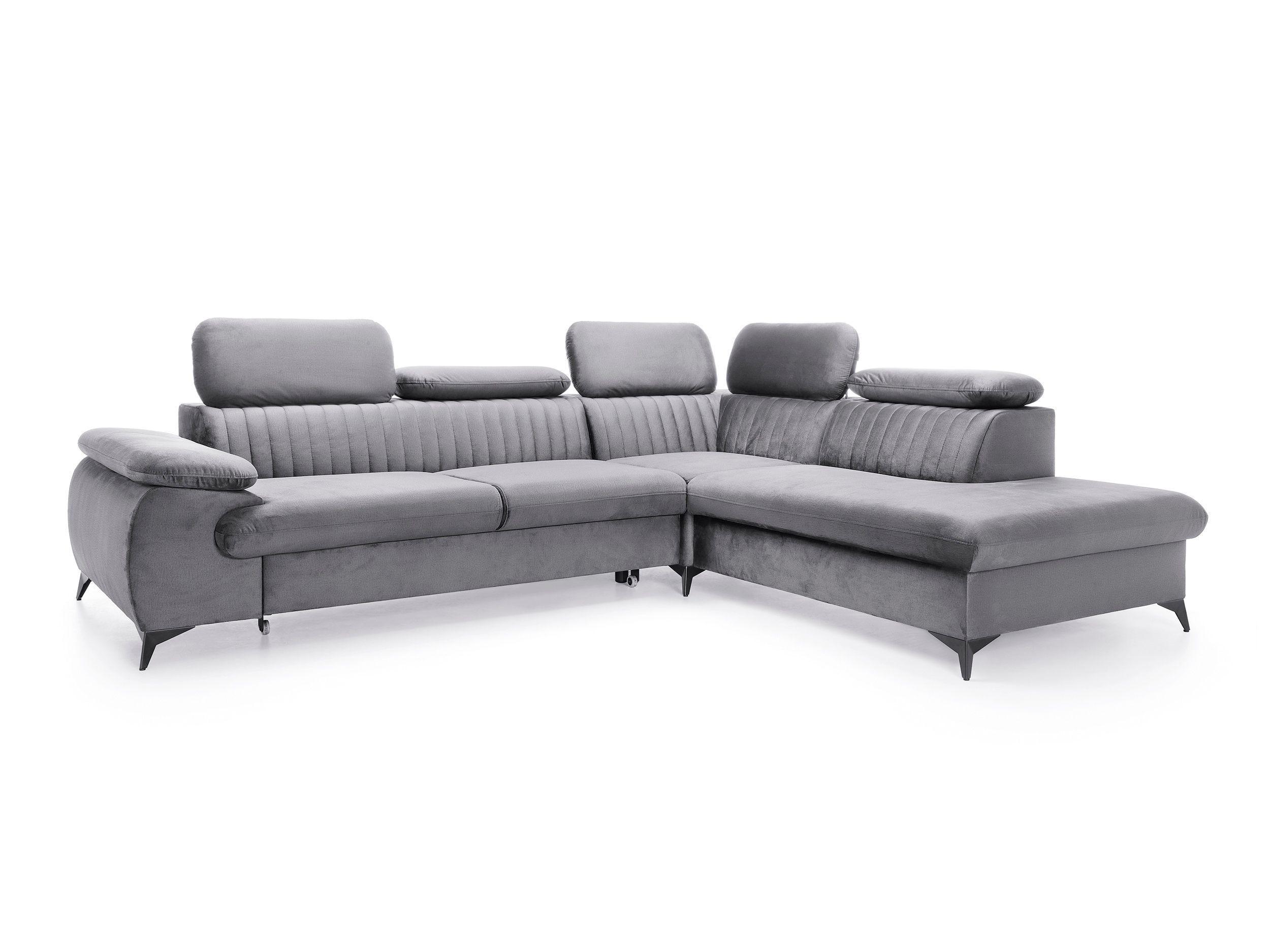 ECKSOFA FIORE Grau Velours-Stoff mit Schlaffunktion - Grau, Holz (275/221cm) - MASSENO