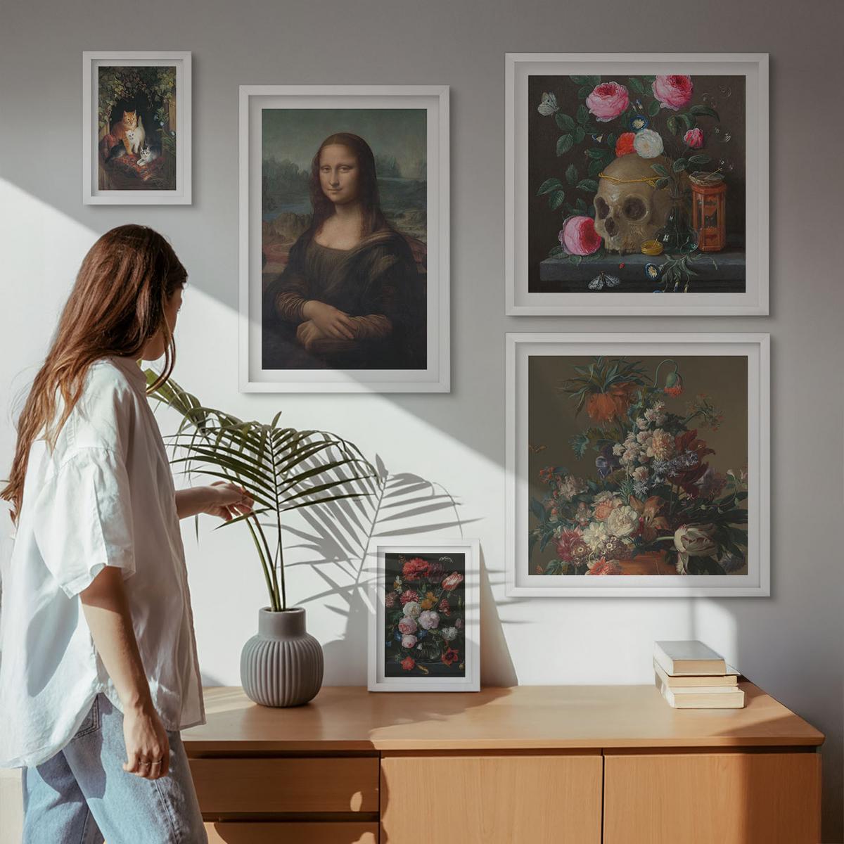 BILDER SET 5er Set - 50x50 cm & 20x30 cm & 40x60 cm Weißer Rahmen - Vintage Blumen Totenkopf Mona Lisa - Weiß, Kunststoff (40/60cm) - TULUP