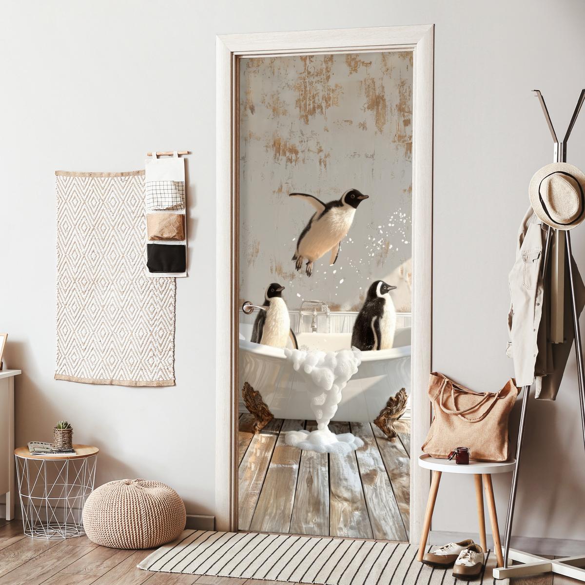 TÜRAUFKLEBER Vintage - Pinguin - Badewanne - Schaumstoff 90x235 cm - Türtapete - Hellbraun, Kunststoff (90/0.1cm) - MuchoWow