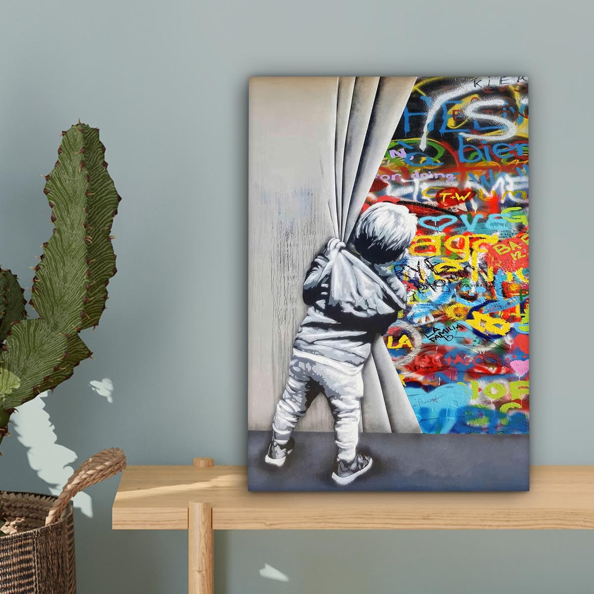 LEINWANDBILD Graffiti - Junge - Ilussie - Straßenkunst Deko Wohnzimmer 20x30 cm - Hellgrau, Textil (20/30cm) - MuchoWow