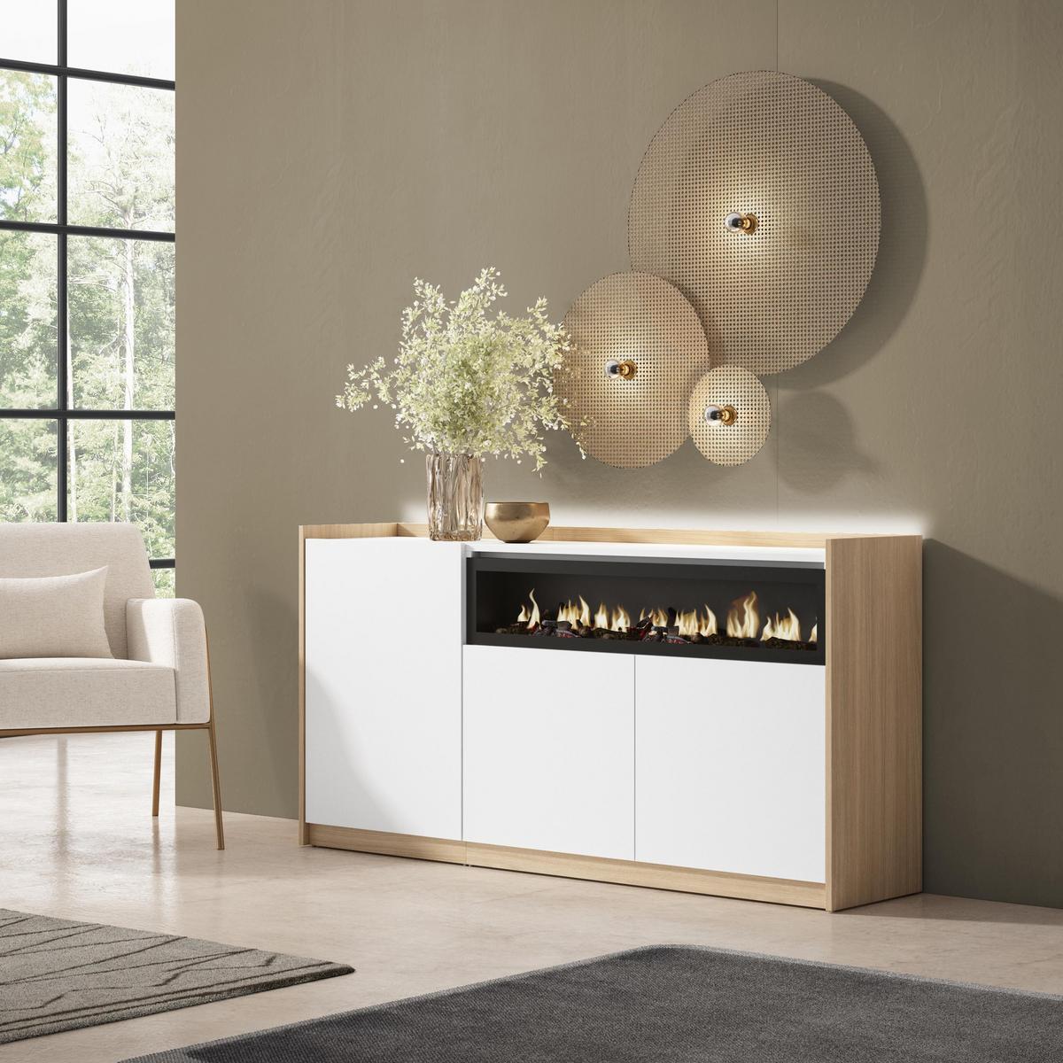 SIDEBOARD, Weiß und Eiche, 156/37/80cm, Kamin mit Feuereffekt - Weiß, Holzwerkstoff (156/80/37cm) - Skraut Home