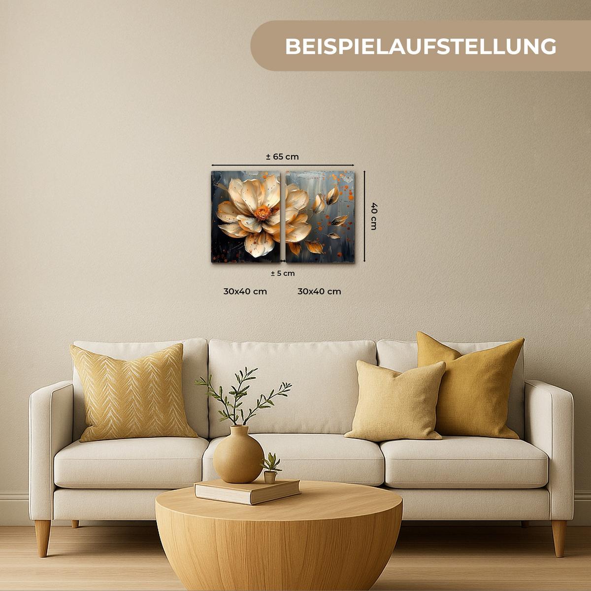 LEINWANDBILD 2er Set Blume - Gold - Abstrakt - Farbe 60x40 cm - Creme, Textil (60/40cm) - MuchoWow