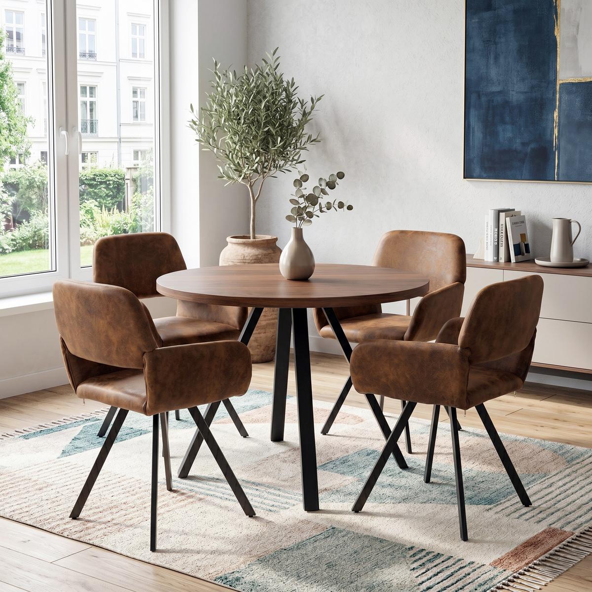ESSTISCH-SET 1+4, runder Tisch in Walnuss-Optik mit 4 Esszimmerstühlen - Walnussfarben/Schwarz, Holzwerkstoff (80/75/80cm) - Urban Meuble
