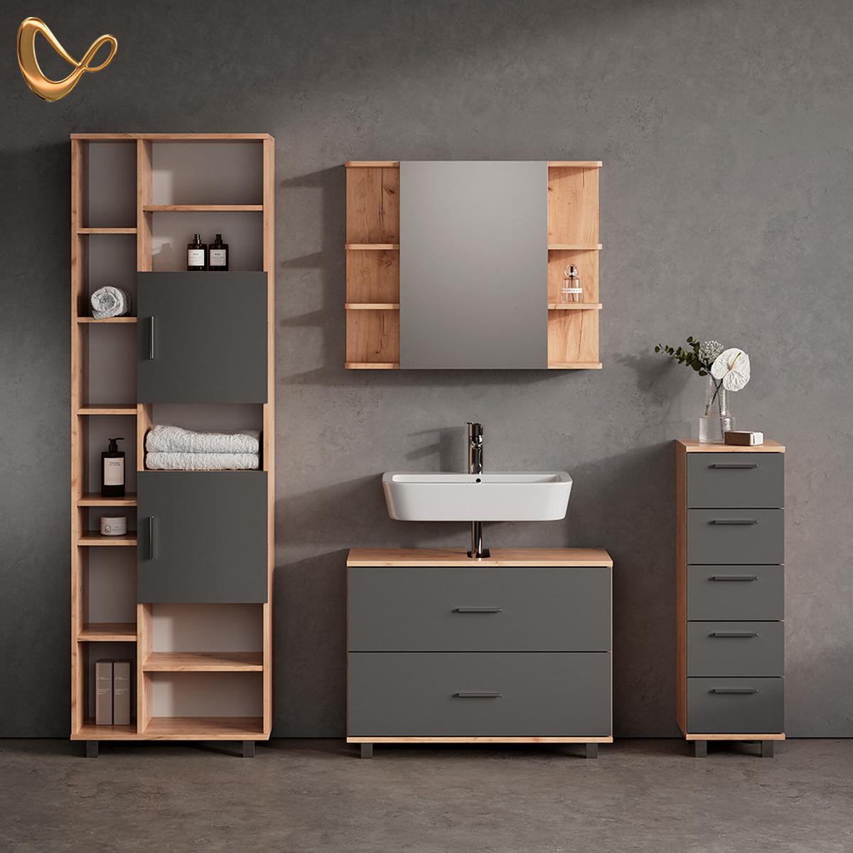 BADMÖBEL-SET Eisak Eiche 4 Teile, mit Hochschrank - Eichefarben, Holzwerkstoff (80/60/33cm) - Livinity®