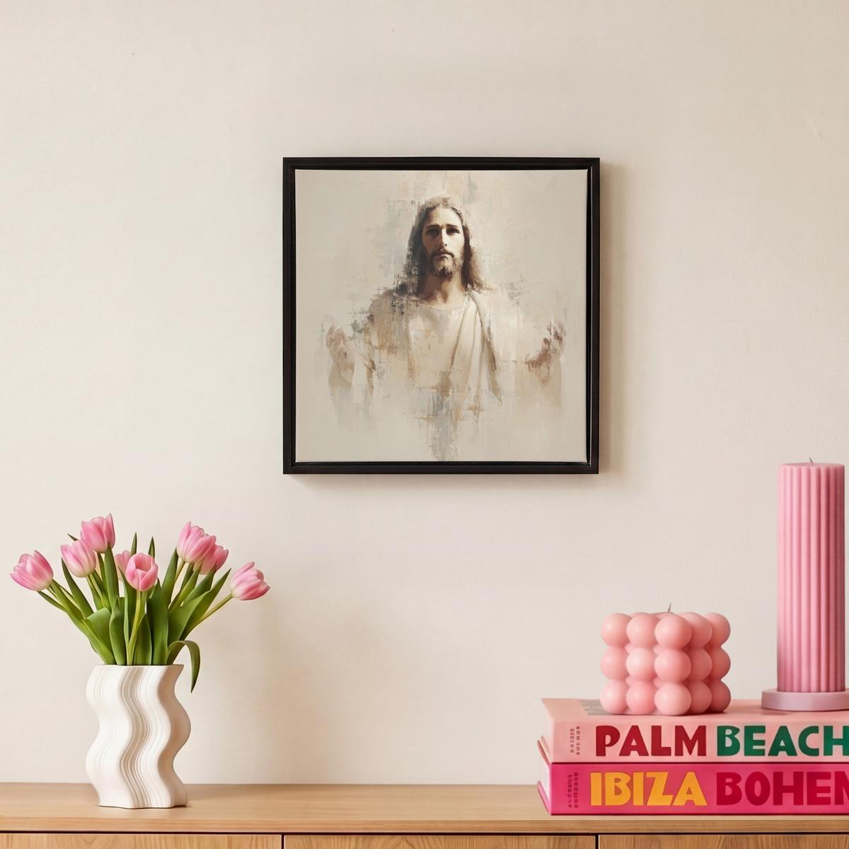 LEINWAND Bilder mit Rahmen - Porträt - Abstrakt - Jesus - Beige - 20x20 - Beige, Textil (20/20cm) - MuchoWow