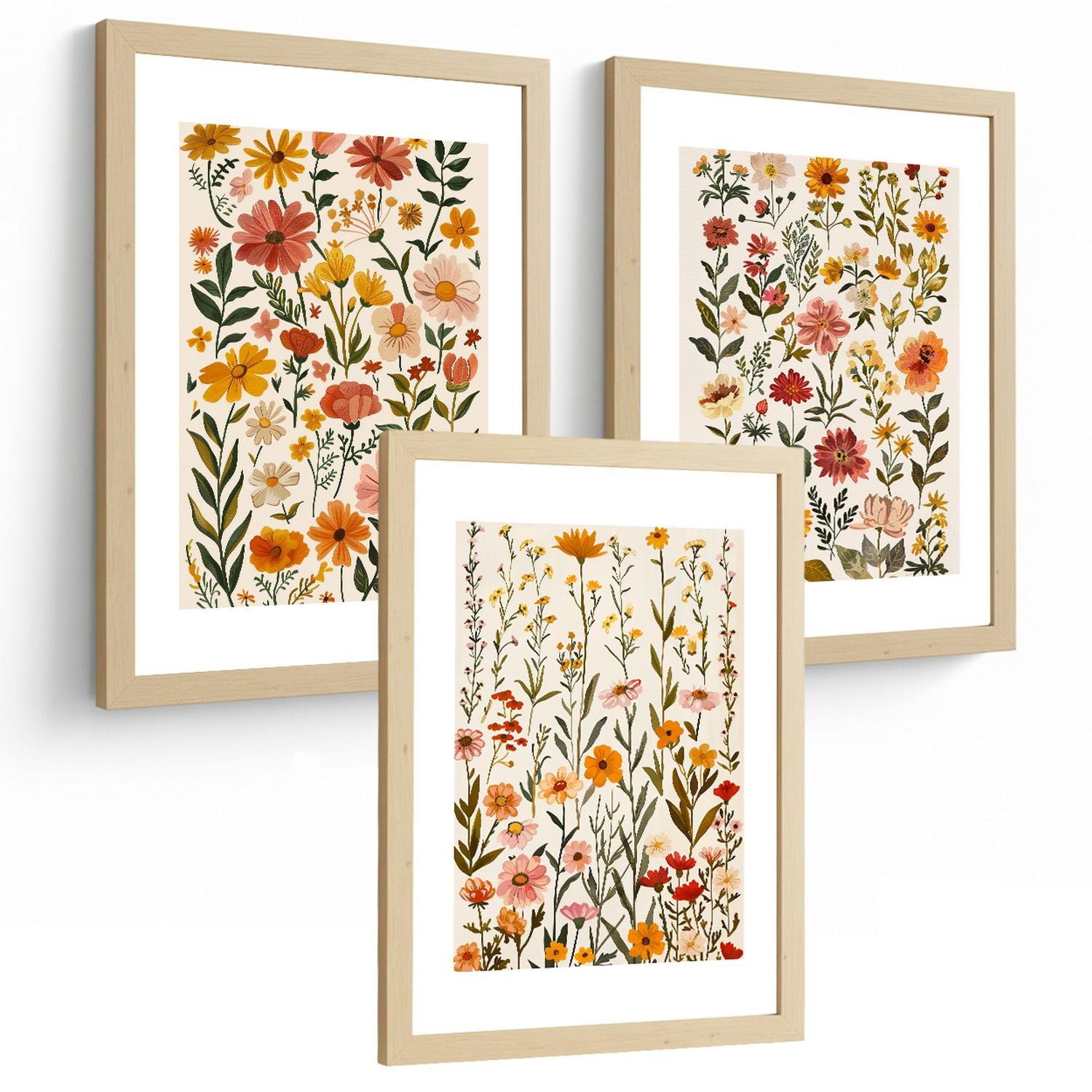 POSTER 3er-Set Wandbilder Wildblumen modern Wohnzimmer Deko, Schlafzimmer, Küche, Badezimmer Leichter Holzrahmen A4 - Beige, Papier (29.7/1/21cm) - Nacnic