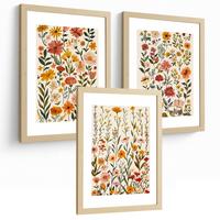 POSTER 3er-Set Wandbilder Wildblumen modern Wohnzimmer Deko, Schlafzimmer, Küche, Badezimmer Leichter Holzrahmen A4 - Beige, Papier (29.7/1/21cm) - Nacnic