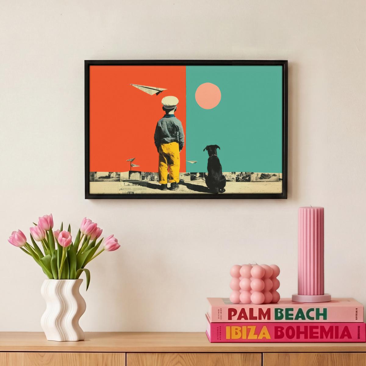LEINWAND Bilder mit Rahmen - Retro - Junge - Hund - Rot - Grün - 30x20 - Orange, Textil (30/20cm) - MuchoWow