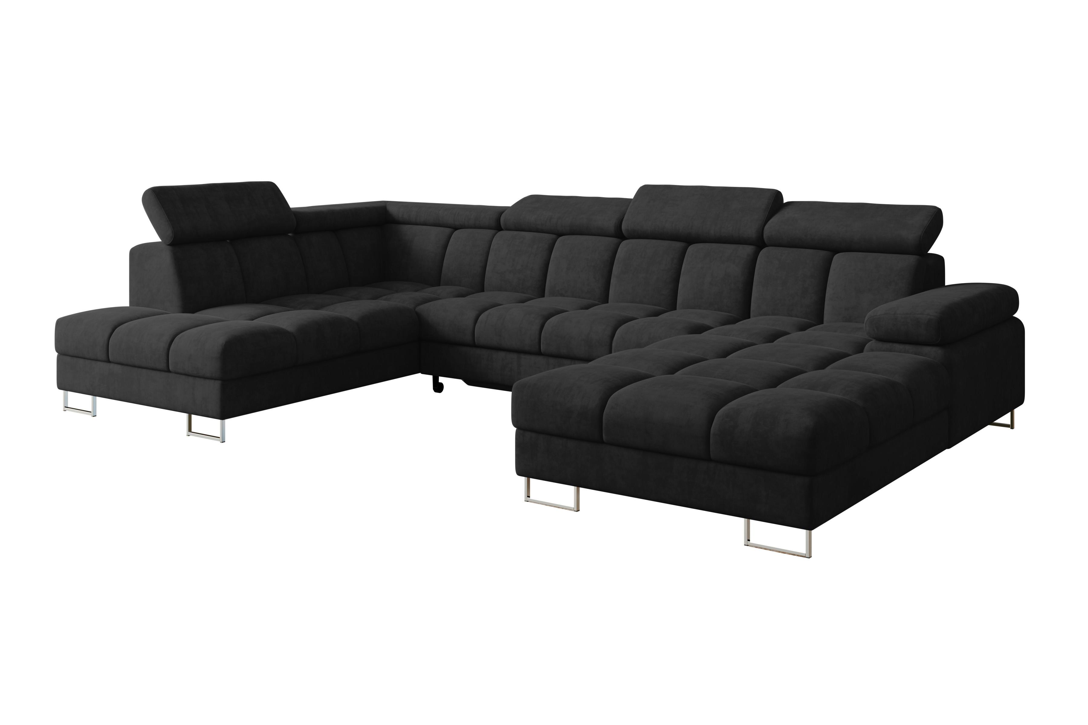 WOHNLANDSCHAFT mit Schlaffunktion und Bettkasten Ottomane Links COMA U 345x203x79 Schwarz Velours - Schwarz, Holzwerkstoff/Textil (345/79/203cm) - ALTDECOR