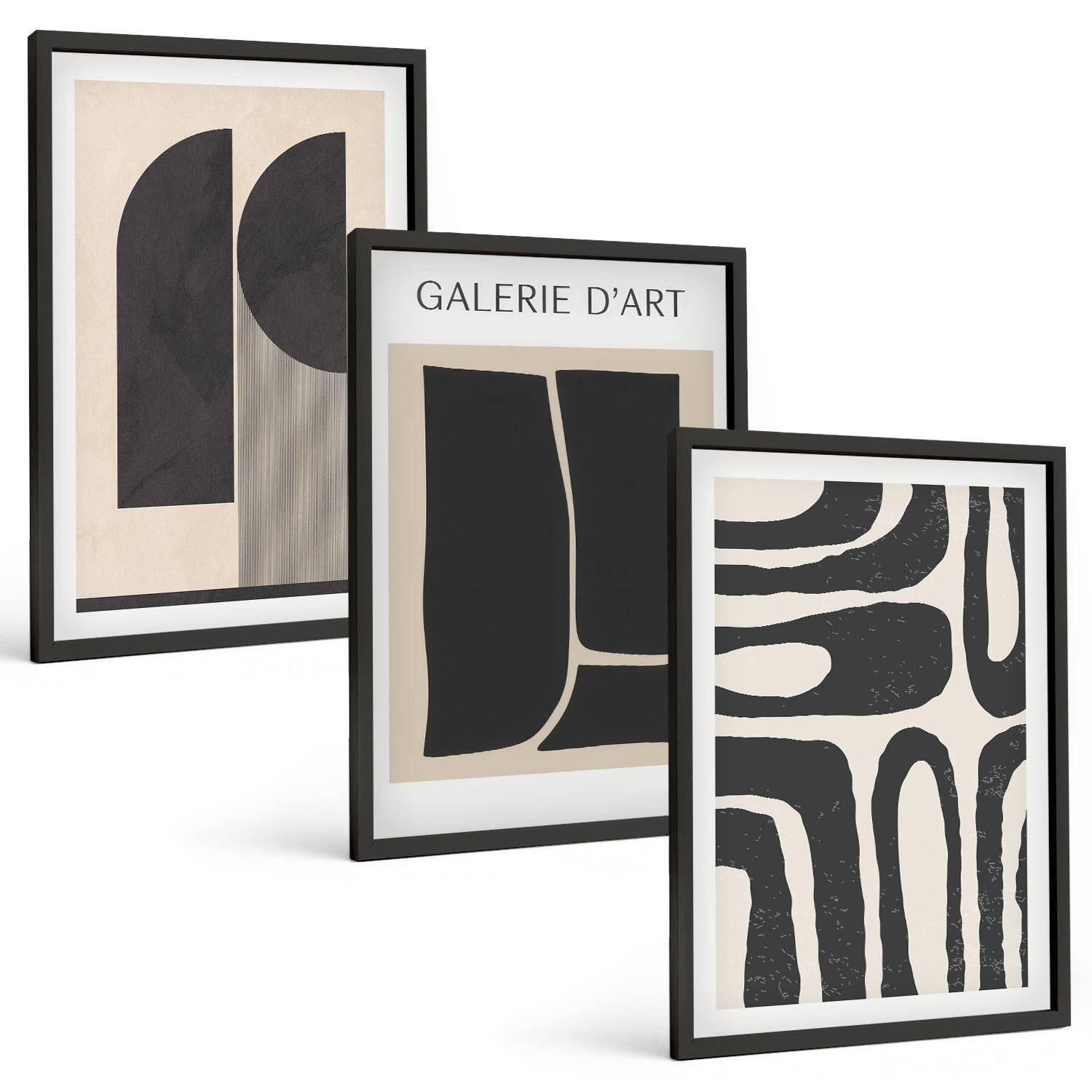 BILDER SET 3er Set - 40x60 cm Schwarzer Rahmen - Abstrakte minimalistische Poster - Schwarz, Kunststoff (40/60cm) - TULUP