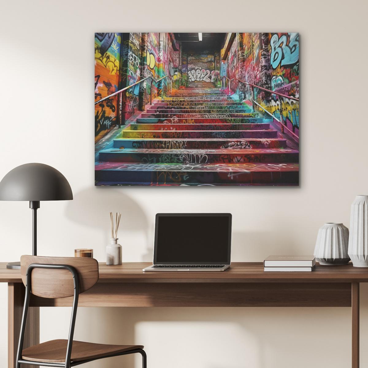 AKUSTIKBILD Treppe - Graffiti - Farben - Kunst Gemälde 80x60 cm - Multicolor, Kunststoff (80/60/0.9cm) - MuchoWow