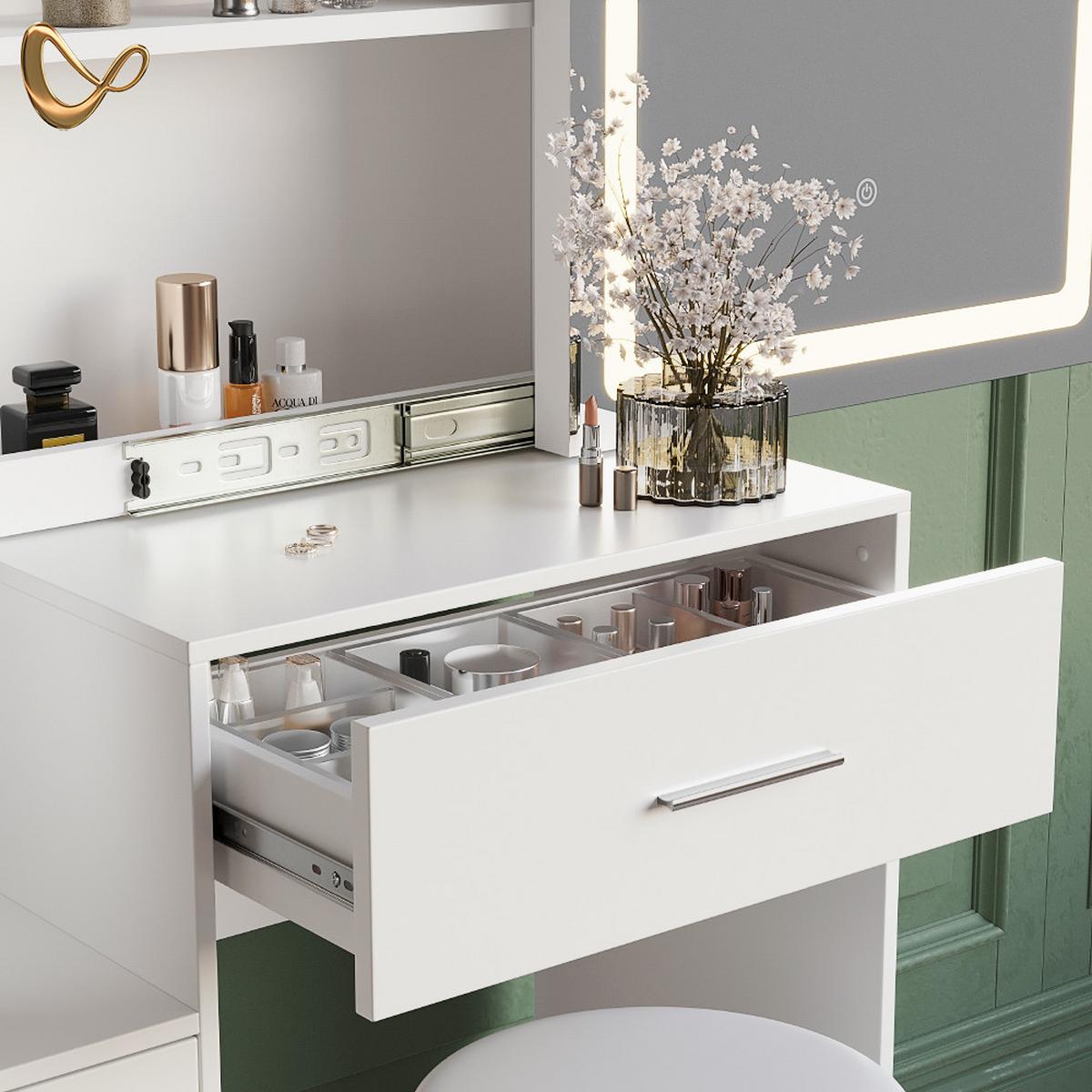 SCHMINKTISCH Monza Weiß mit LED-Spiegel und Hocker - Weiß, Holzwerkstoff (80/131.6/36cm) - Livinity®