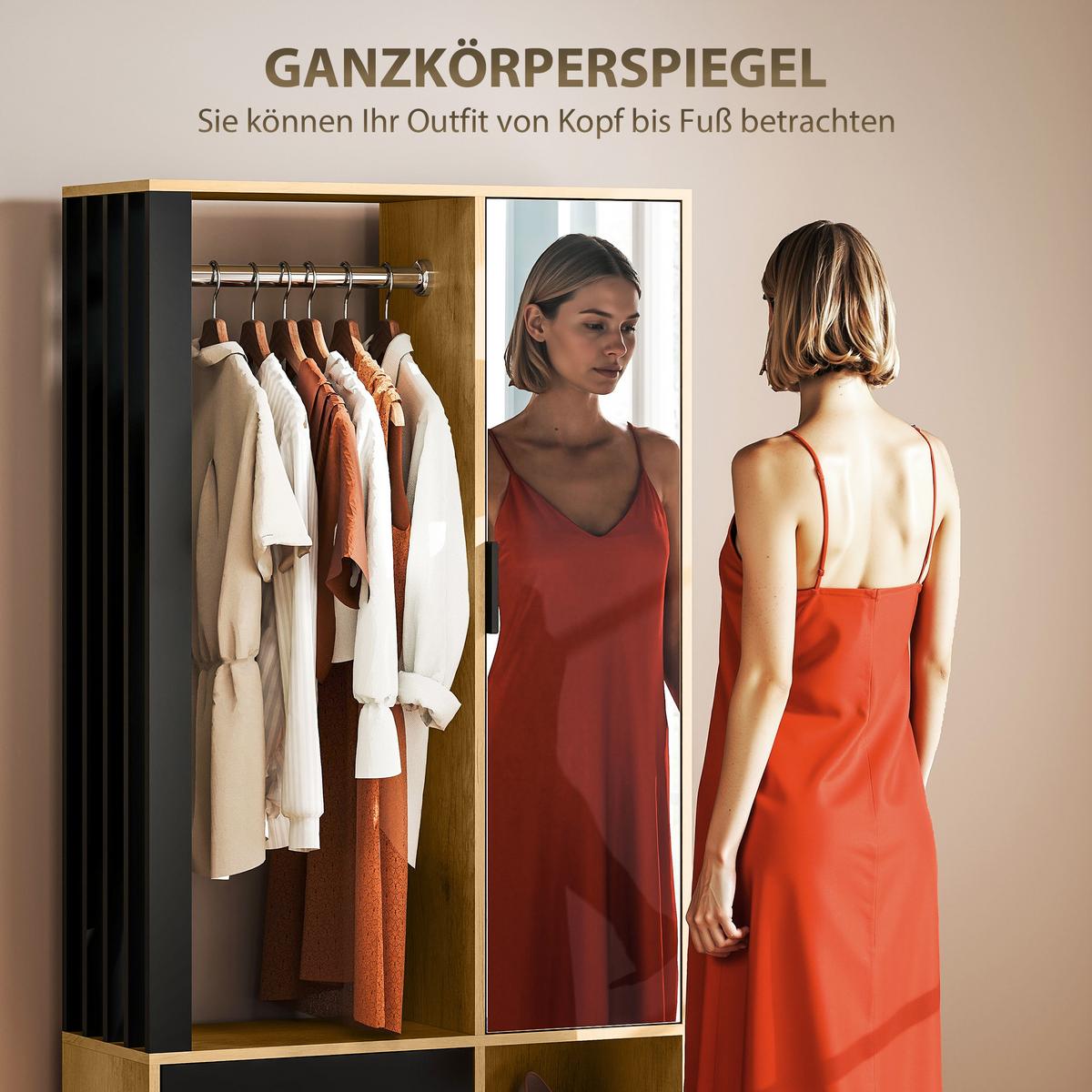GARDEROBENSCHRANK mit Spiegel, Kleiderstange & Schuhschrank - Schwarz/Naturfarben, Holzwerkstoff/Kunststoff (30/175/80cm) - HOMCOM