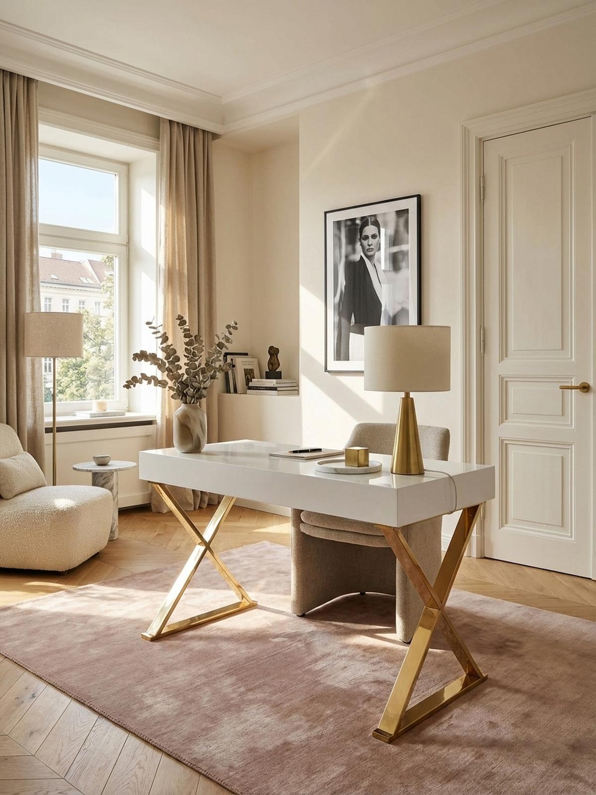 SCHREIBTISCH – Weiß Hochglanz, goldene Beine, 2 Schubladen, modern - Goldfarben/Weiß, Holz/Metall (57/118/76cm) - KADIMA DESIGN