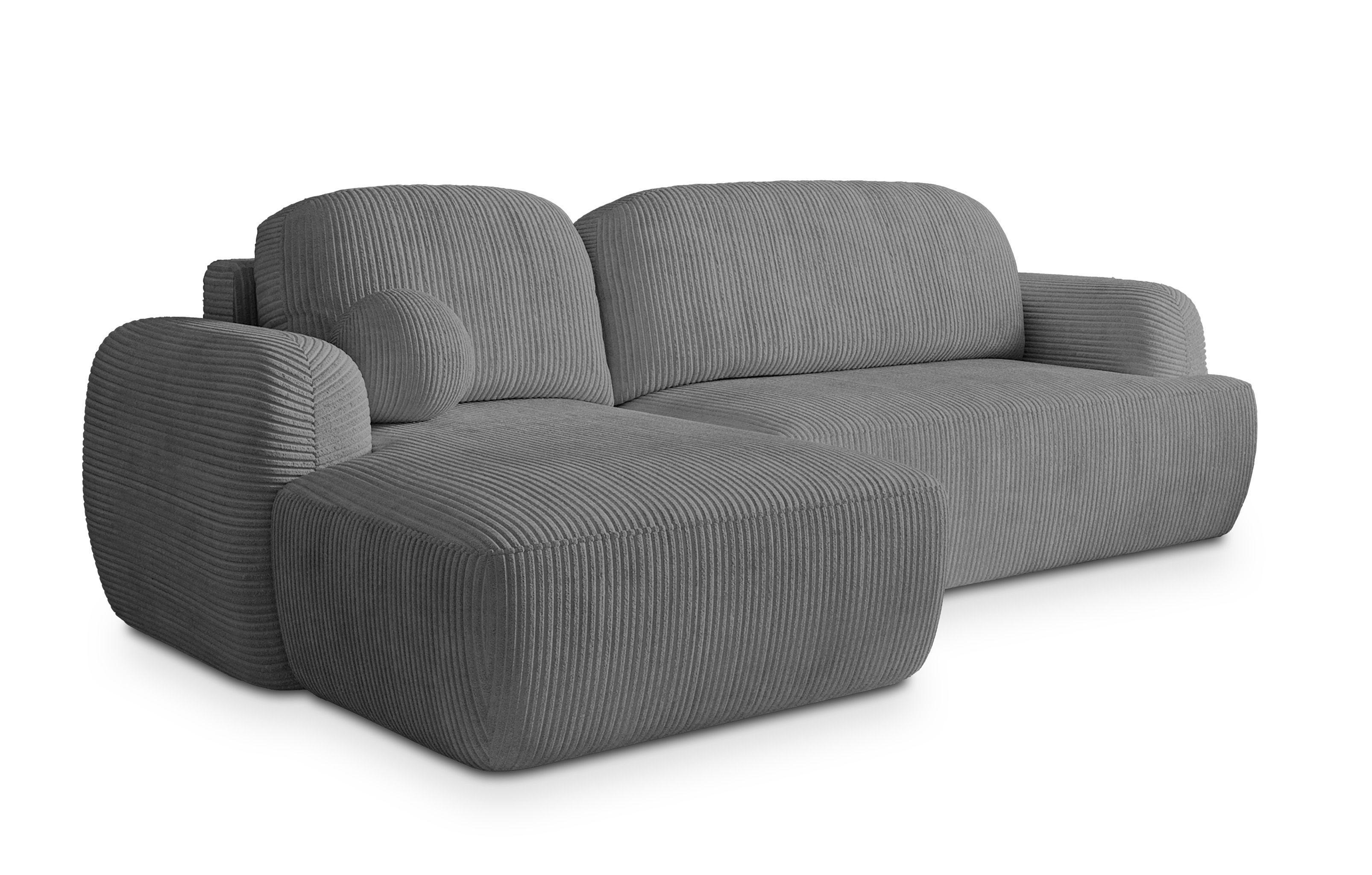 ECKSOFA MODENZA P L-S Grau Kordstoff mit Schlaffunktion - Schwarz/Grau, Holz/Kunststoff (266/148cm) - MASSENO