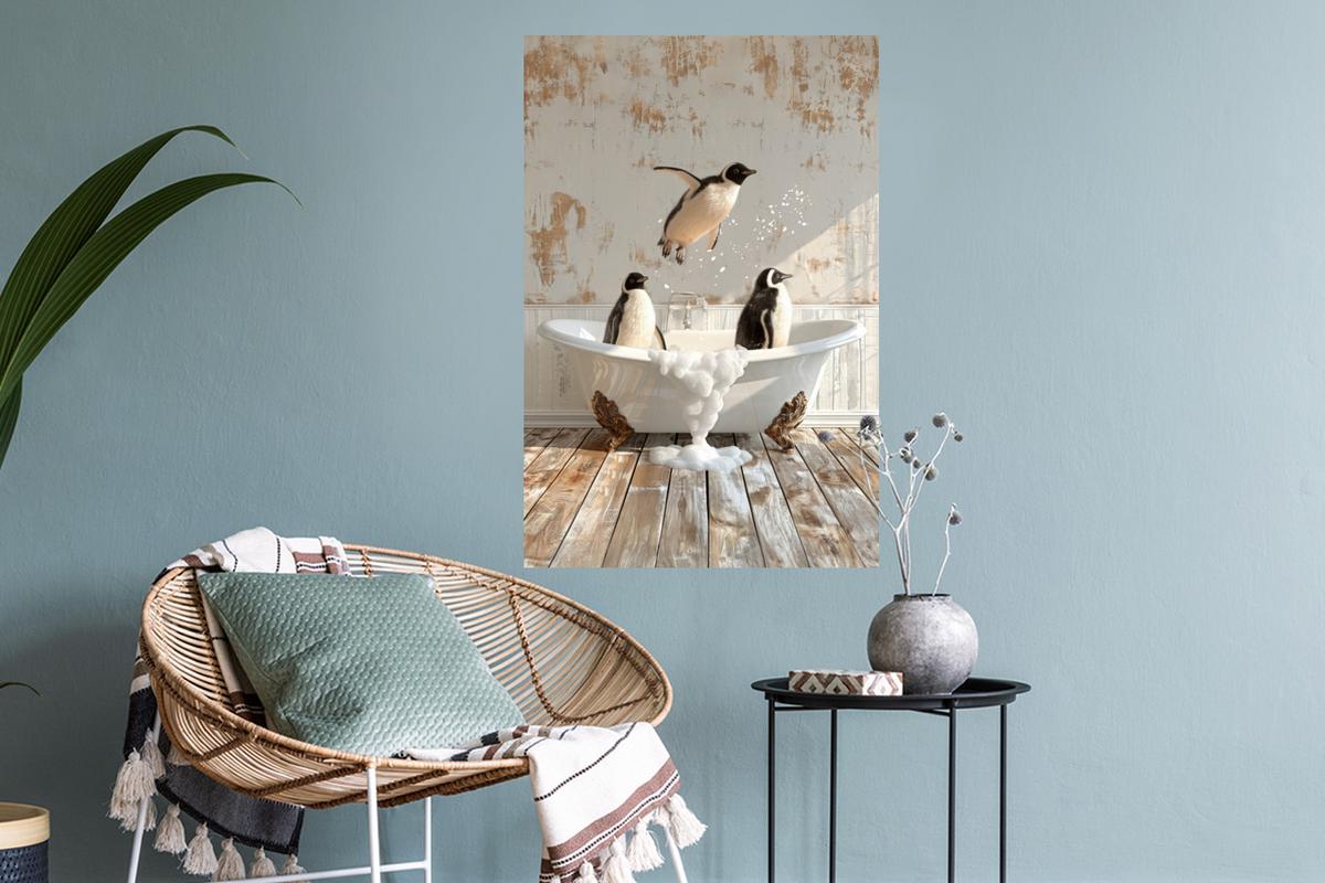 WANDTATTOO Vintage - Pinguin - Badewanne - Schaumstoff Wandbild 40x60 cm - Schwarz, Kunststoff (40/60/0.1cm) - MuchoWow