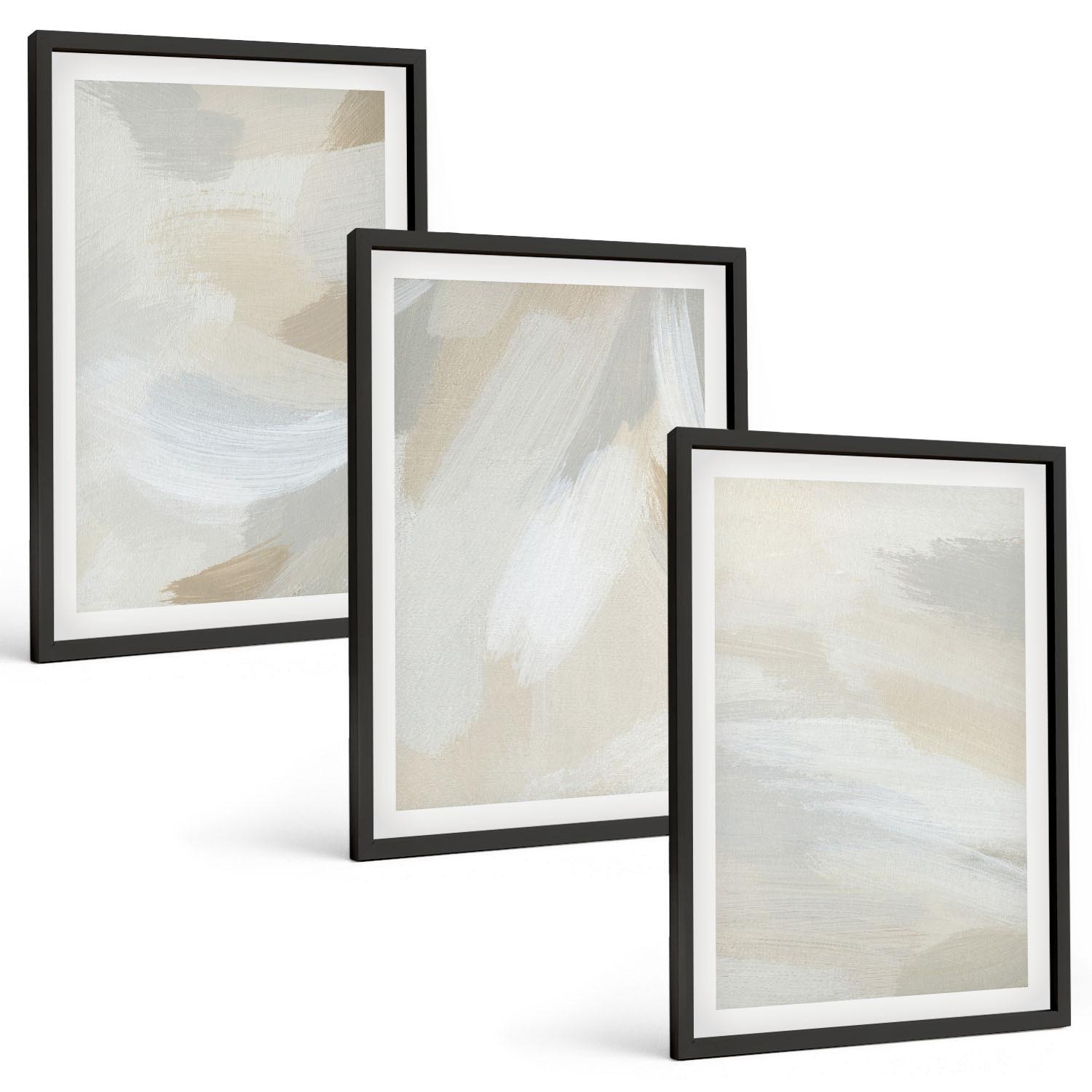 BILDER SET 3er Set - 40x60 cm Schwarzer Rahmen - Abstrakter Pinselhintergrund - Schwarz, Kunststoff (40/60cm) - TULUP