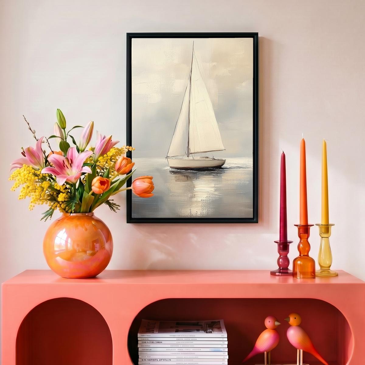 LEINWAND Bilder mit Rahmen - Segelschiff - Meer - Bewölkt - 20x30 - Creme, Textil (20/30cm) - MuchoWow